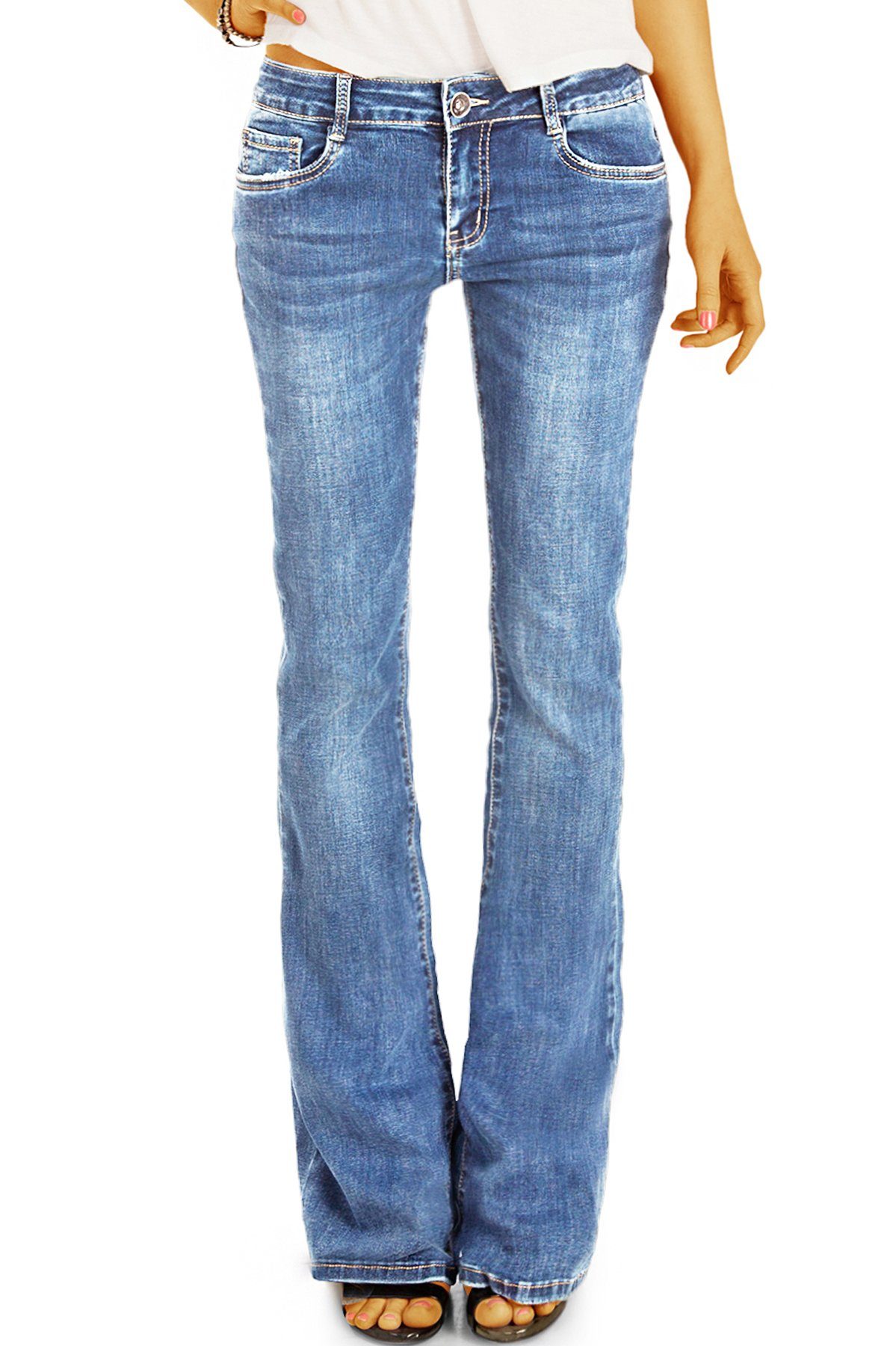 be styled Bootcut-Jeans medium waist Damenhose, ausgestelltes Bein in denimblau und dunkelblau j16p 5-pocket