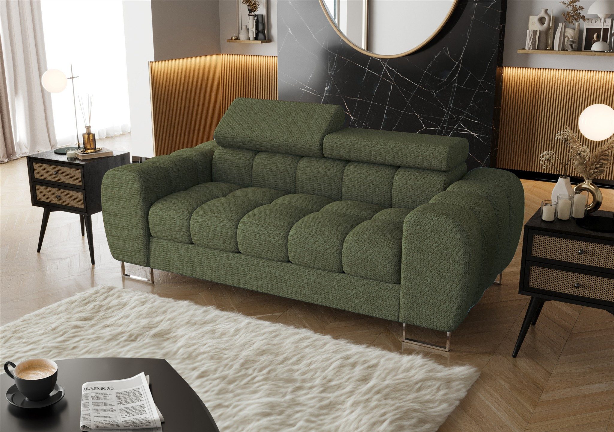 Fun Möbel 2-Sitzer Designersofa Sofa BASTIEN in Stoff, Rundumbezug, 2 einstellbare Kopfstützen
