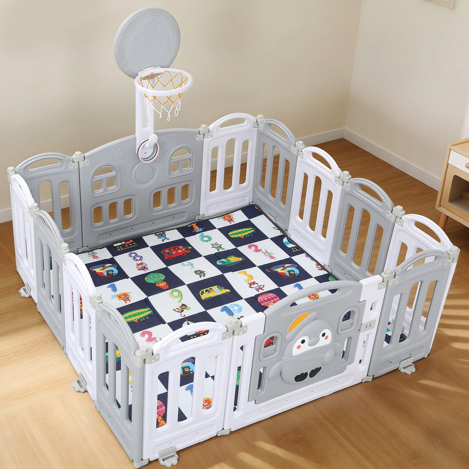 oyajia Laufgitter Laufstall Faltbar Laufgitter Baby Mit Tür und Spielzeugboard, Faltbar Krabbelgitter