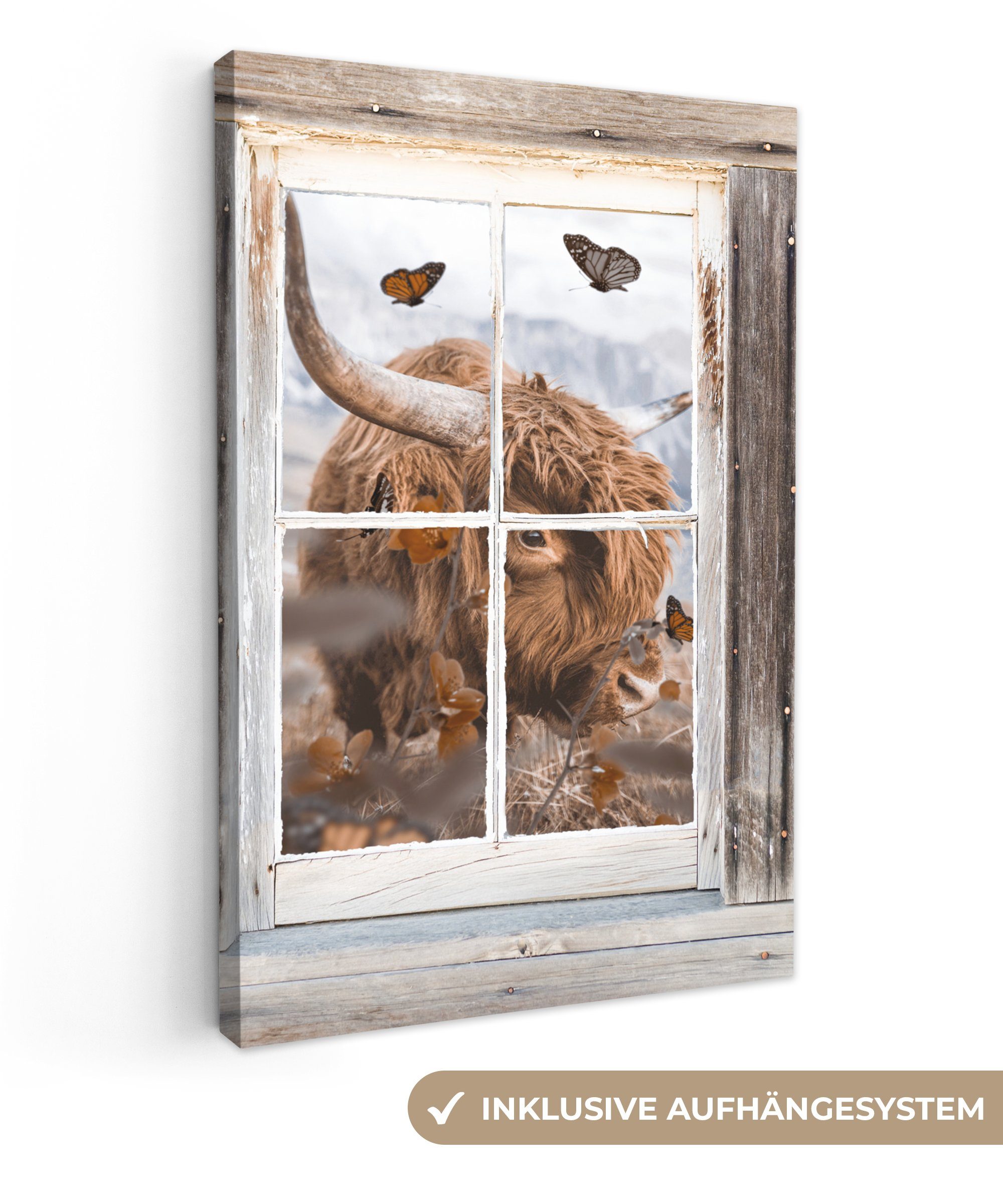 OneMillionCanvasses® Leinwandbild Scottish Highlander - Ansicht - Blumen, (1 St), Leinwandbild fertig bespannt inkl. Zackenaufhänger, Gemälde, 20x30 cm