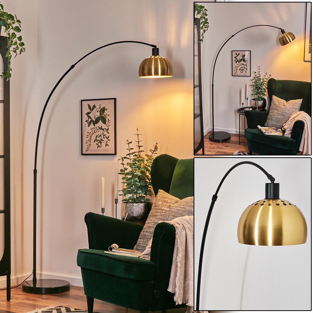Bogenlampe Stehlampe aus Metall m. Marmorfuß in Schwarz/Messing gebürstet/Gold