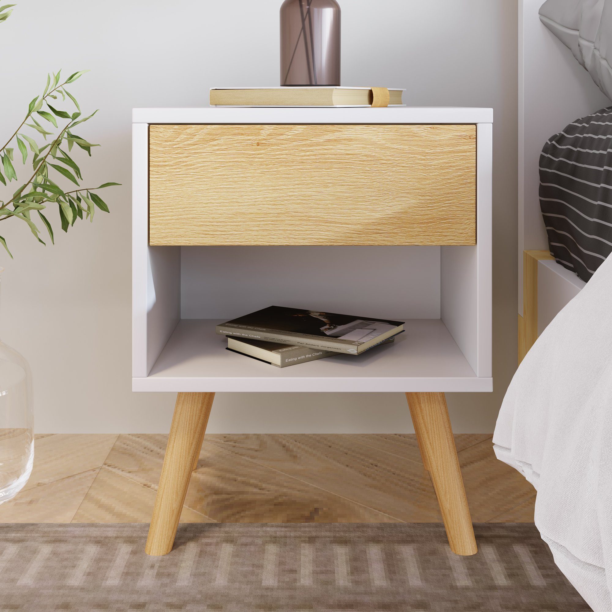 Nachttisch (2-St., Beistelltisch), Nachtschrank Kommode mit Schublade & offenem Fach, Massivholz