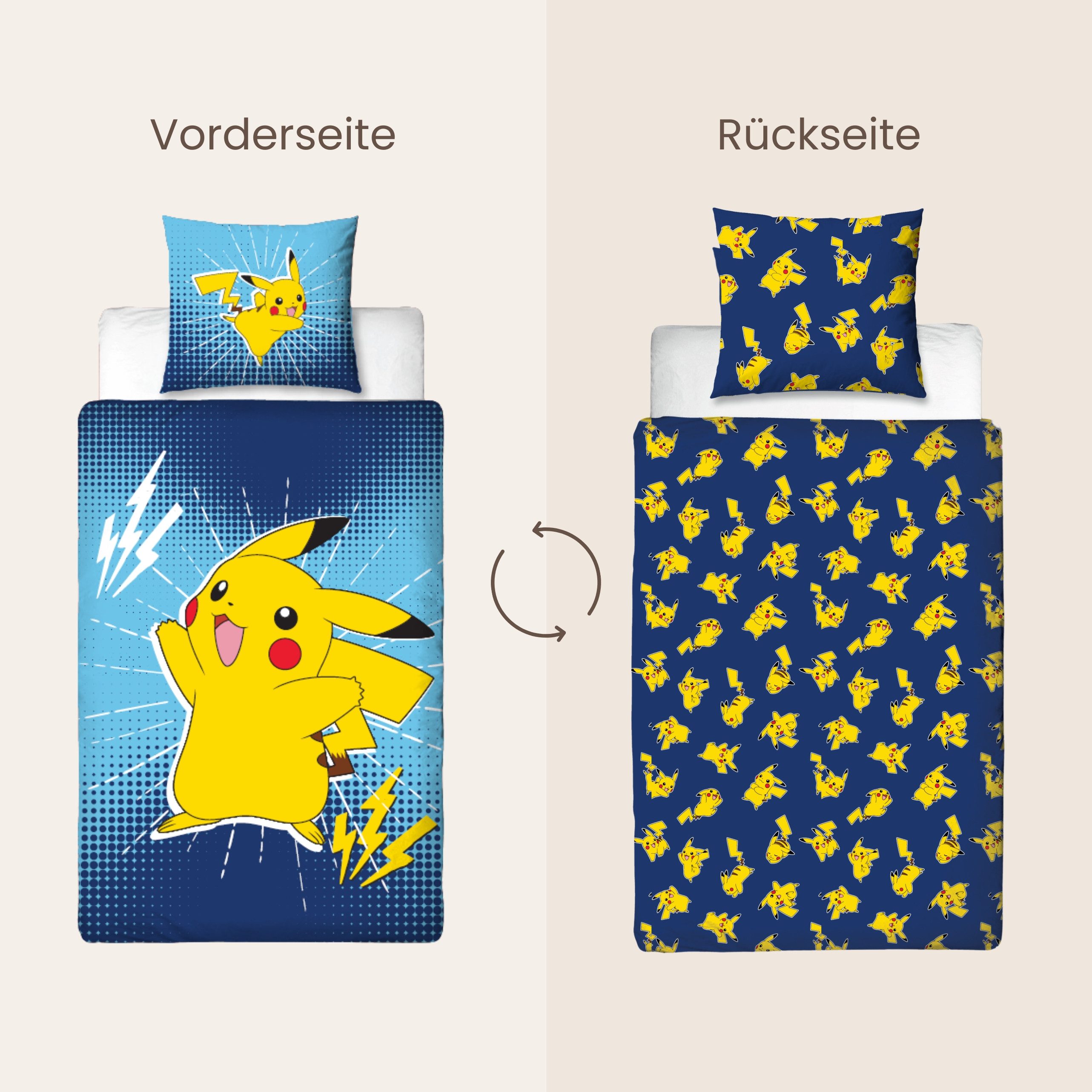 MTOnlinehandel Bettwäsche Pika Power Pokemon 135x200 + 80x80 cm, Pikachu, Microfaser, 2 teilig, Geschenkidee für Mädchen und Jungen, Wende-Motiv – Bild 4 von 5