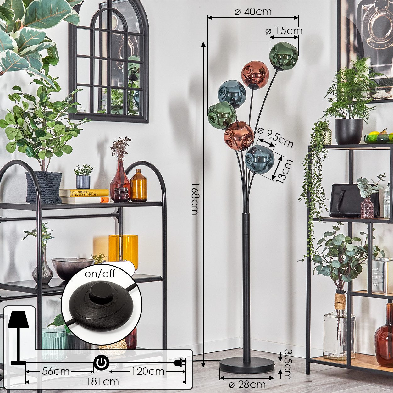 hofstein Stehlampe Stehlampe aus Metall/Glas in Schwarz/Kupfer/Blau/Grün mit Fußschalter, ohne Leuchtmittel, Stehleuchte im Retro/Vintage-Design mit Glasschirmen (15 cm), E14