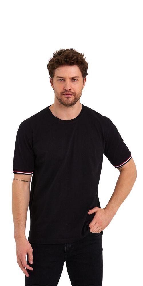 (Packung, Kurzarm 1-tlg) Bündchen Ärmel COMEOR gestreiften Basic Schwarz T-Shirt Herren Rundhalls mit