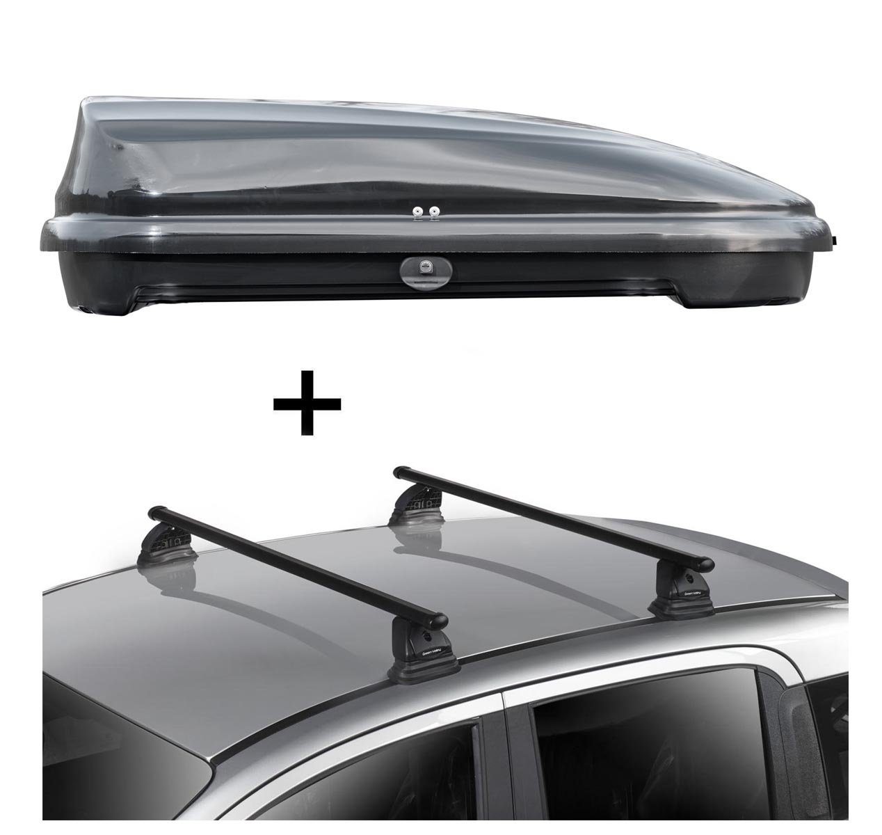 VDP Dachbox, Dachbox VDPFL320 320 Liter schwarz glänzend + Dachträger VDP EVO Stahl kompatibel mit Mercedes CLA Shooting Brake (X117) 5 Türer 2015-2019
