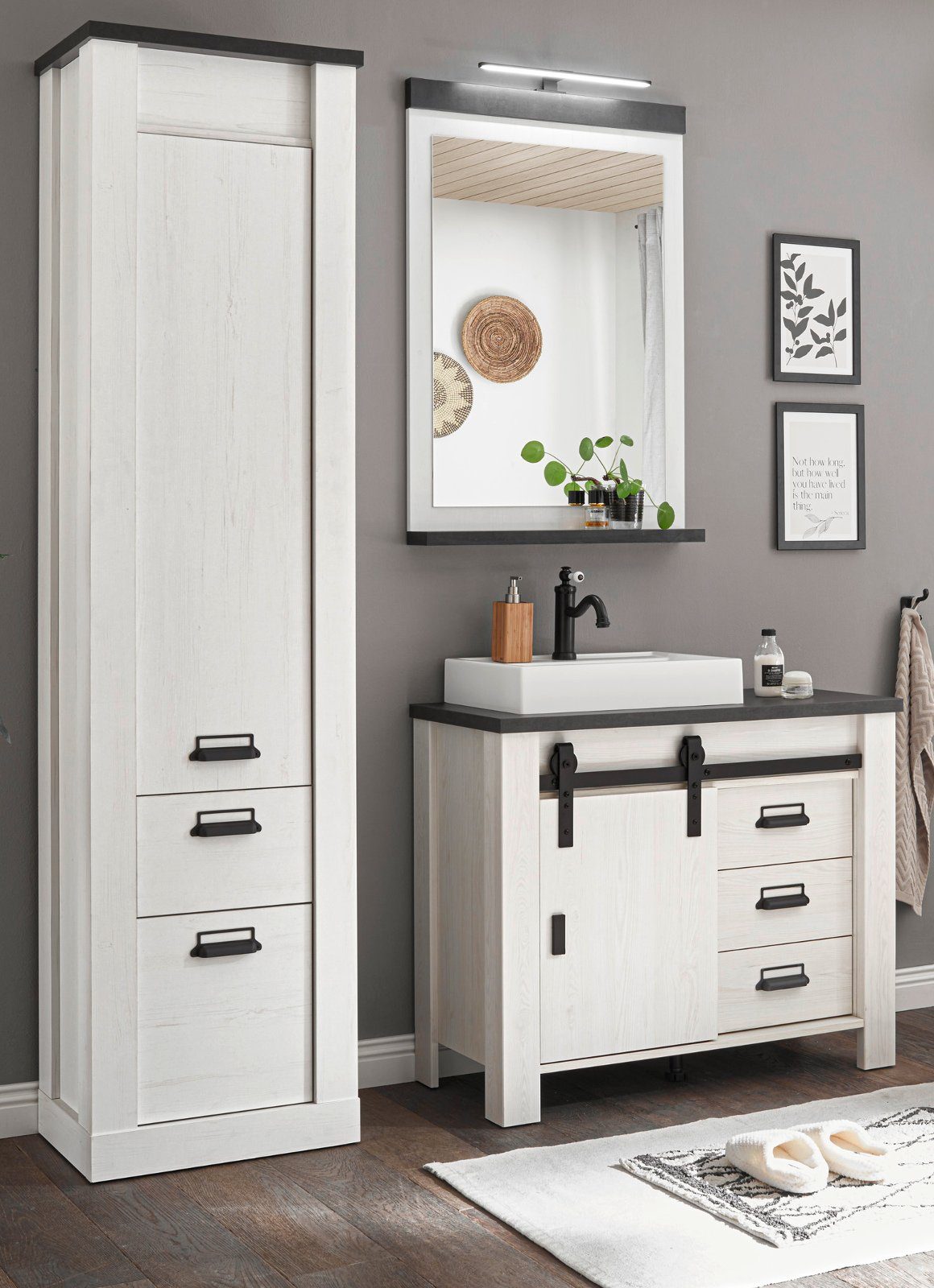 Furn.Design Badezimmer-Set Stove, (Komplett-Set mit Waschbecken, in Pinie weiß Landhaus), inkl. Beleuchtung, Soft-Close-Funktion
