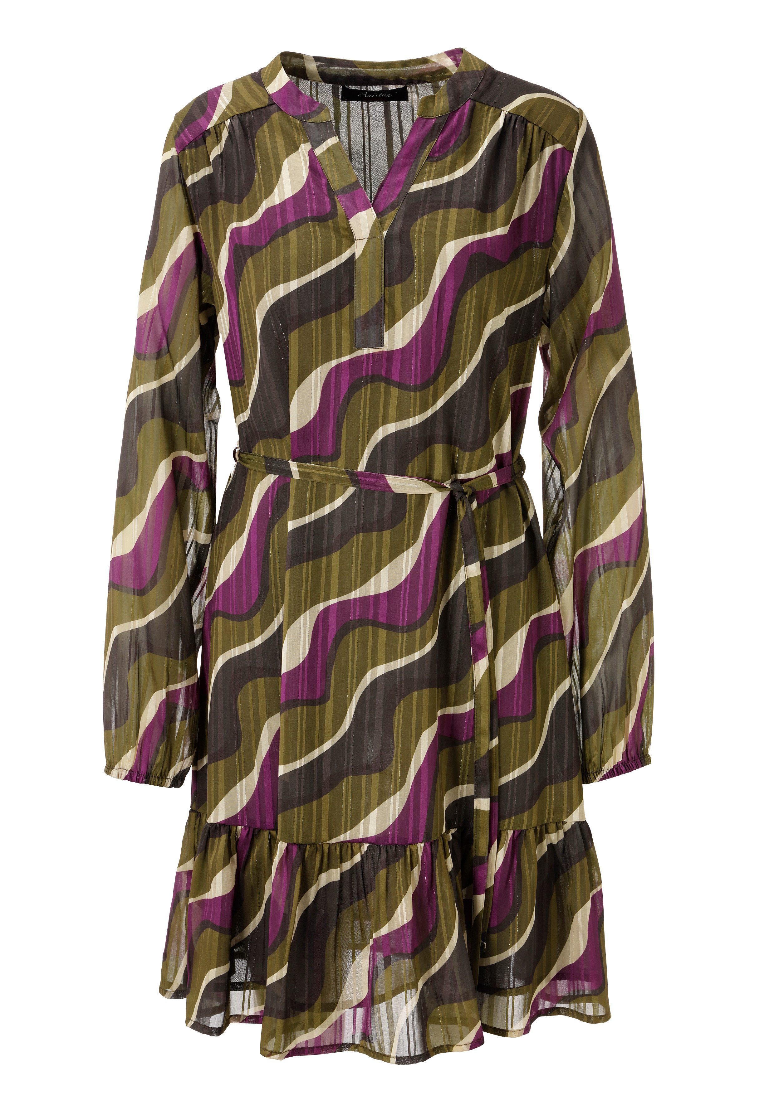 Aniston CASUAL Blusenkleid (mit abnehmbarem Bindegürtel) mit goldfarbenen Glanzfäden im grafischen Druck - NEUE KOLLEKTION – Bild 5 von 5