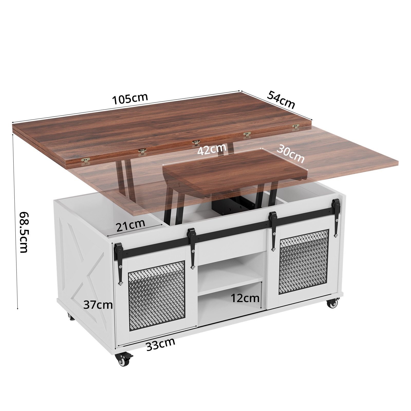 VOWNER Couchtisch 3-in-1 Wohnzimmertisch mit Rollen & Versteckaufbewahrung (1-St), Höhenverstellbarer Esstisch, Bauernhausstil