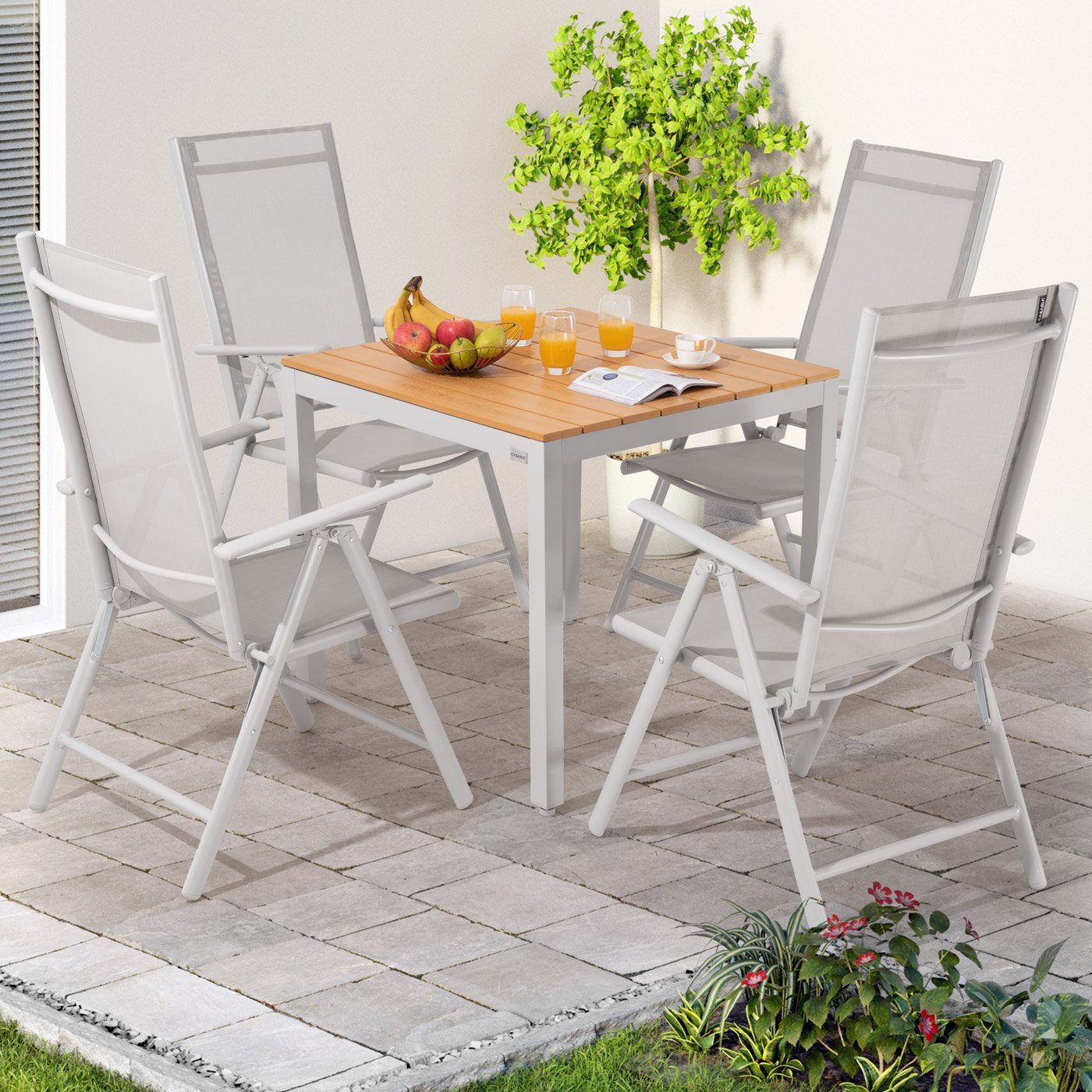 Casaria Garten-Essgruppe WPC Bern, (5-tlg), Aluminium 8-fach Verstellbar Hochlehner Stühle Klappbar WPC