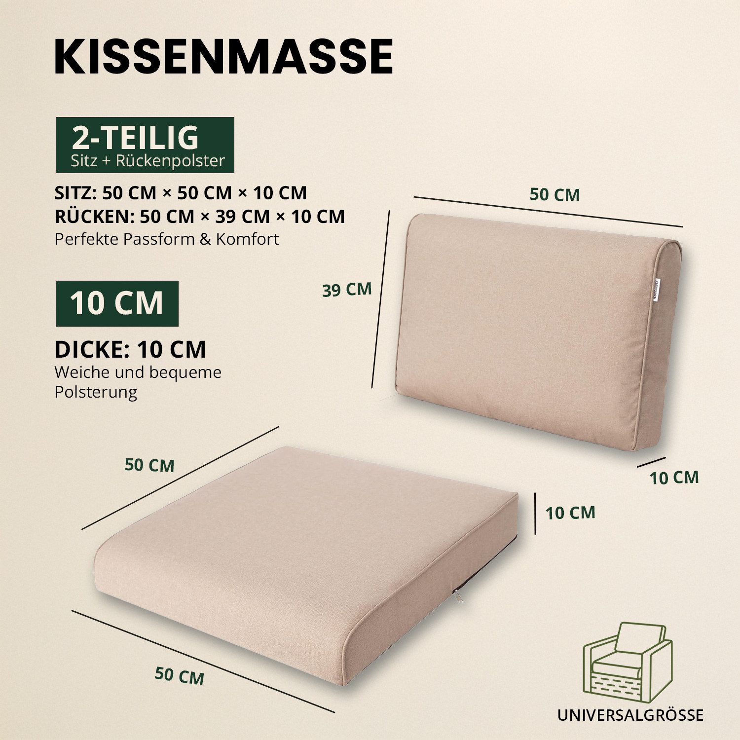 Hobbygarden Sitzkissen und Rückenlehne für Rattanmöbel – 2-teilig (Sitz + Rückenlehne), 50x50, 60x60, 70x70cm – wasserabweisend, Anti-Rutsch, Indoor & Outdoor