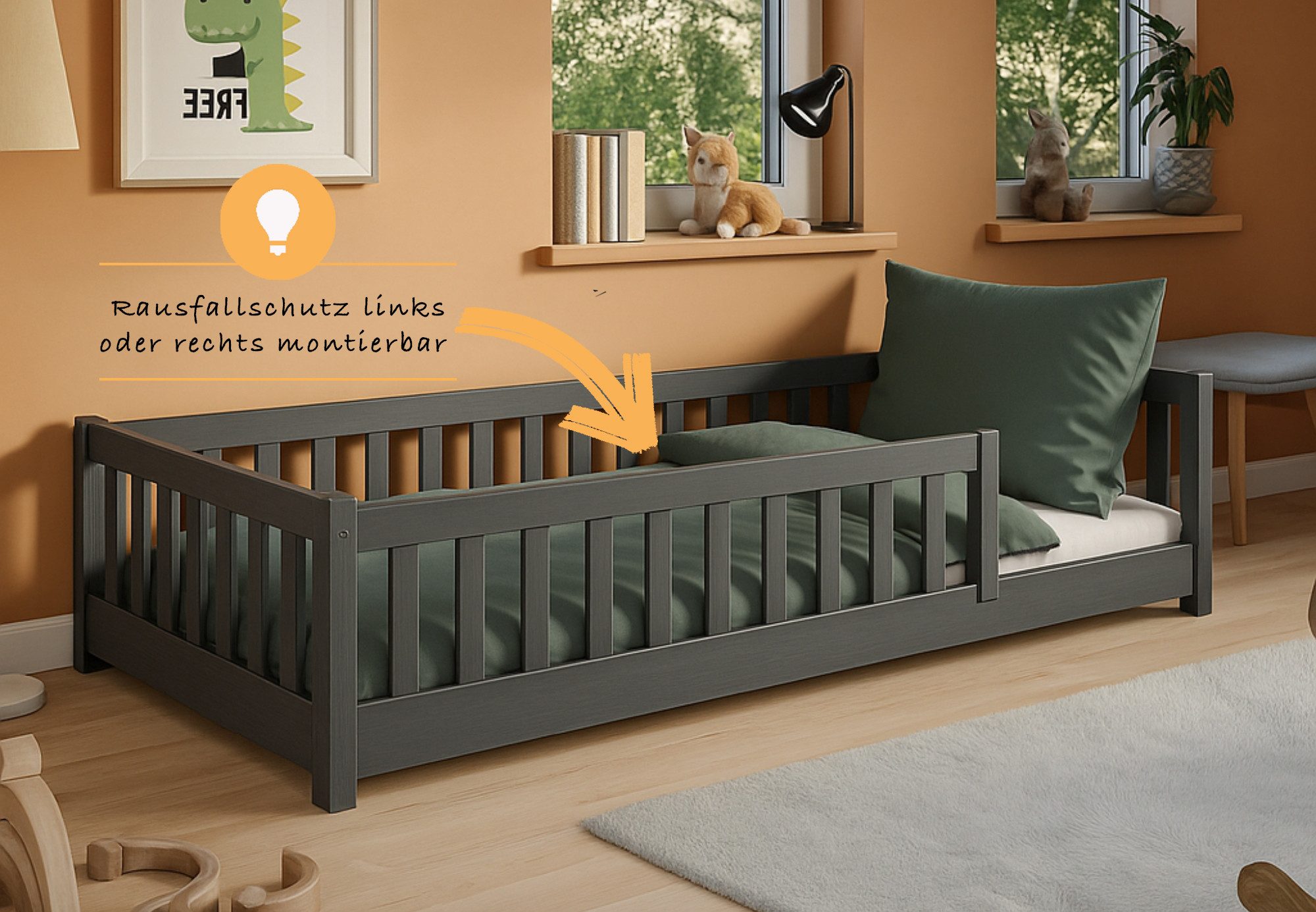 Kids Collective Kinderbett Bodenbett Bett mit Rausfallschutz & Lattenrost Montessori Bett Kinder (Jungen, Mädchen, Kinder, weitere Größen 80x160, 80x180, 90x190 – Bild 4 von 5