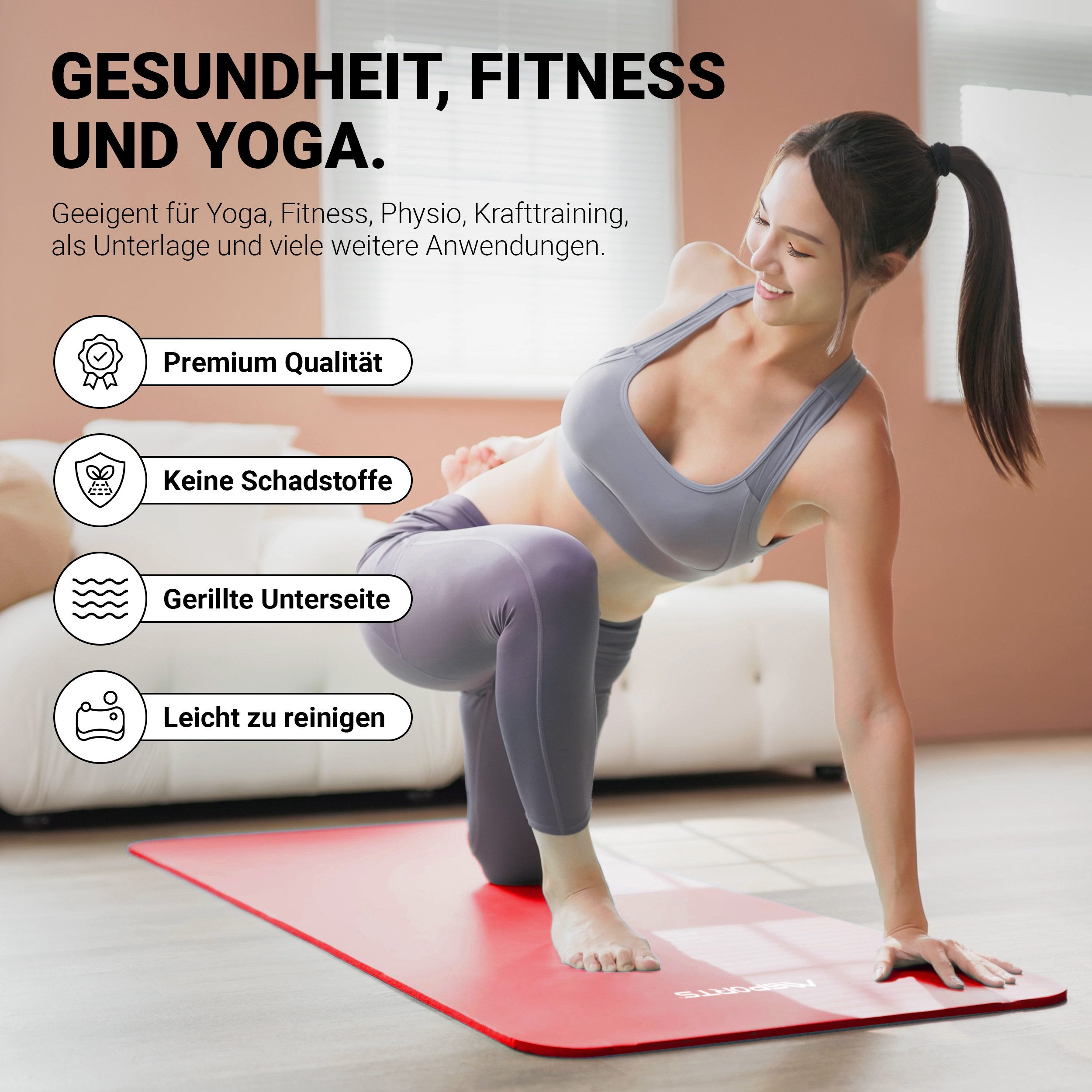 MSports® Gymnastikmatte Yogamatte inkl. Tragegurt + Poster + Workout App