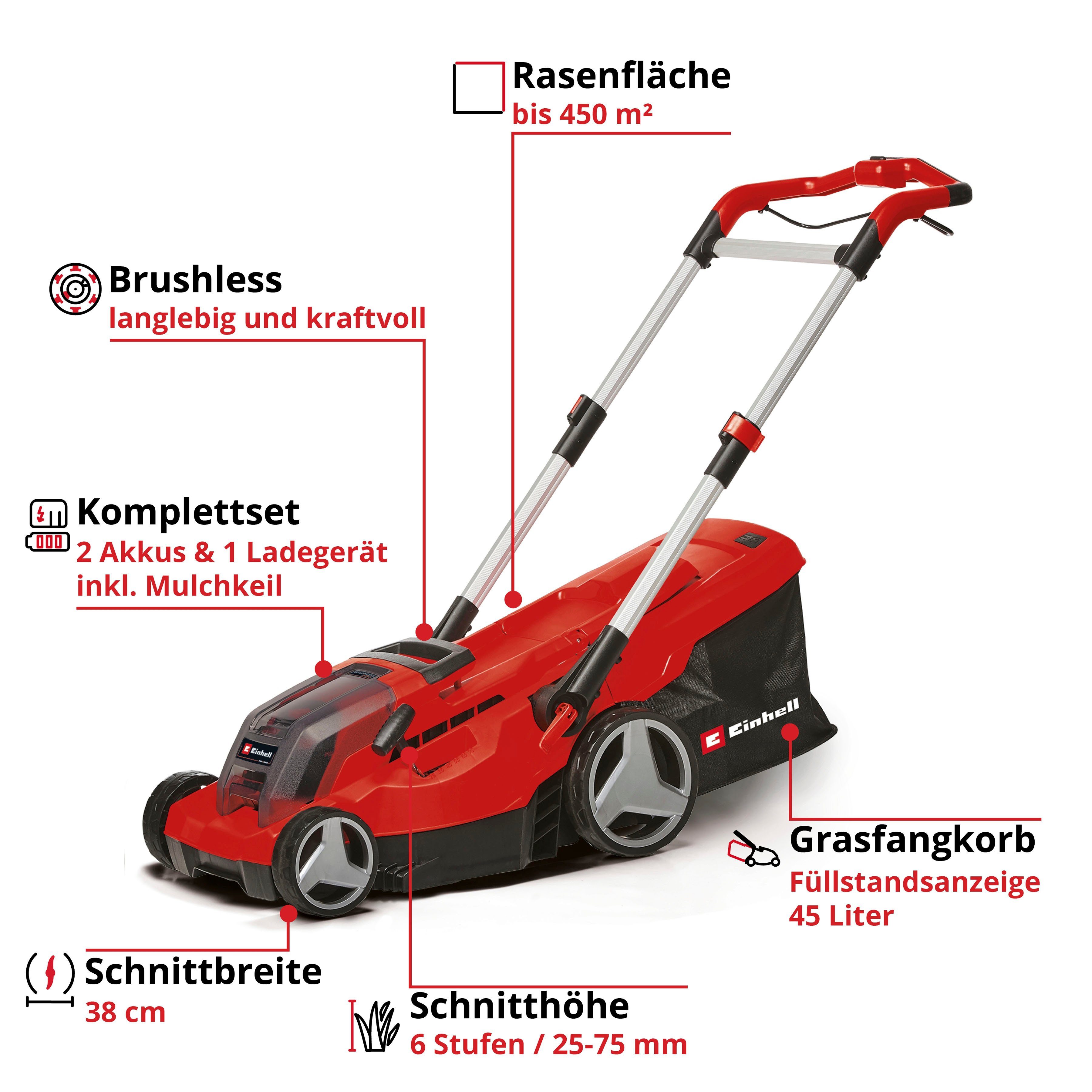 Einhell Akkurasenmäher Professional GP-CM 36/450, 38 cm Schnittbreite, 1x Akku-Rasenmäher, 2x 4,0 Ah Akku, Twincharger, Mulchkeil