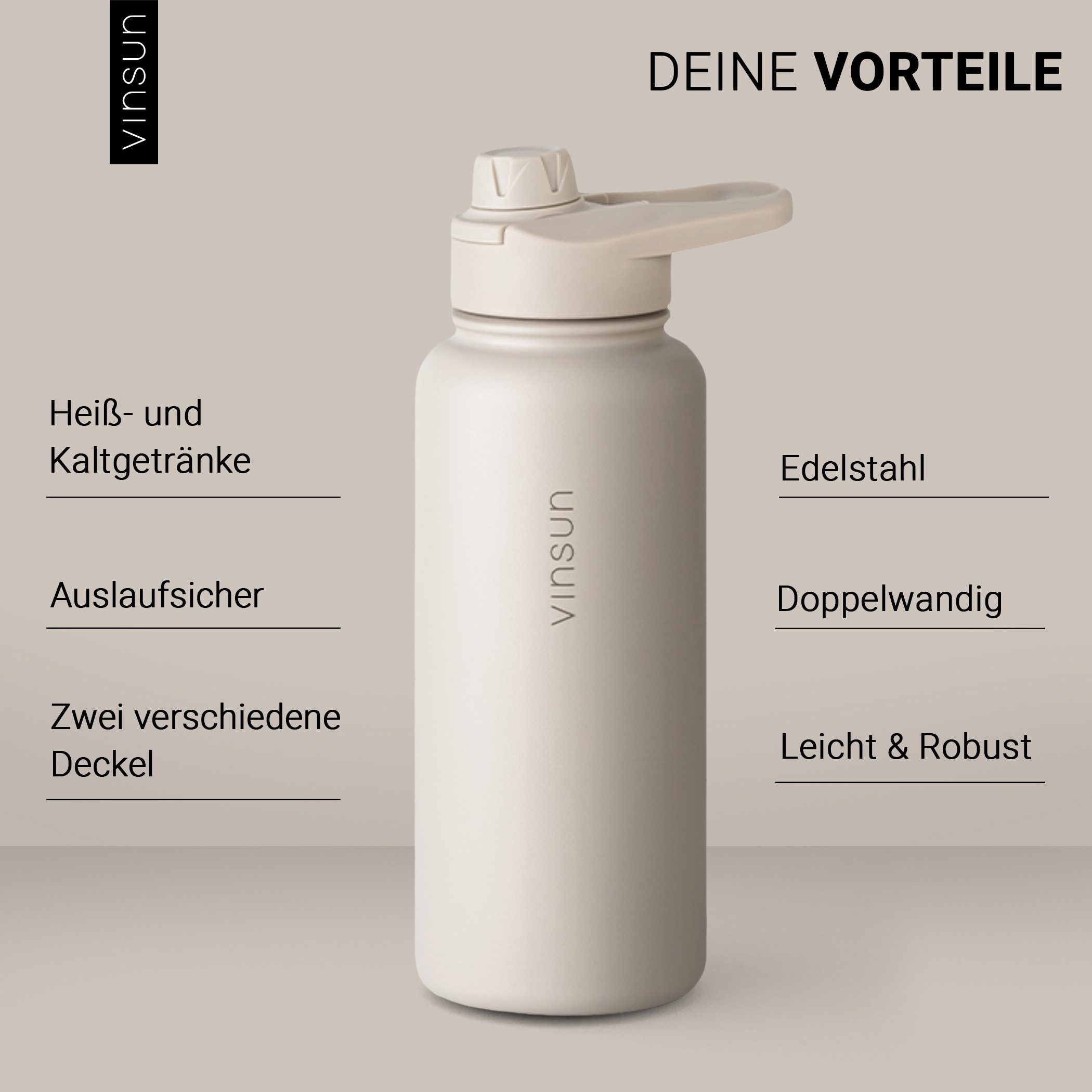 Vinsun Isolierflasche Edelstahl Trinkflasche 750ml Strohhalm - 2 Deckel Thermoflasche, BPA frei, doppelwandig, auslaufsicher, bruchsicher, geruchsneutral