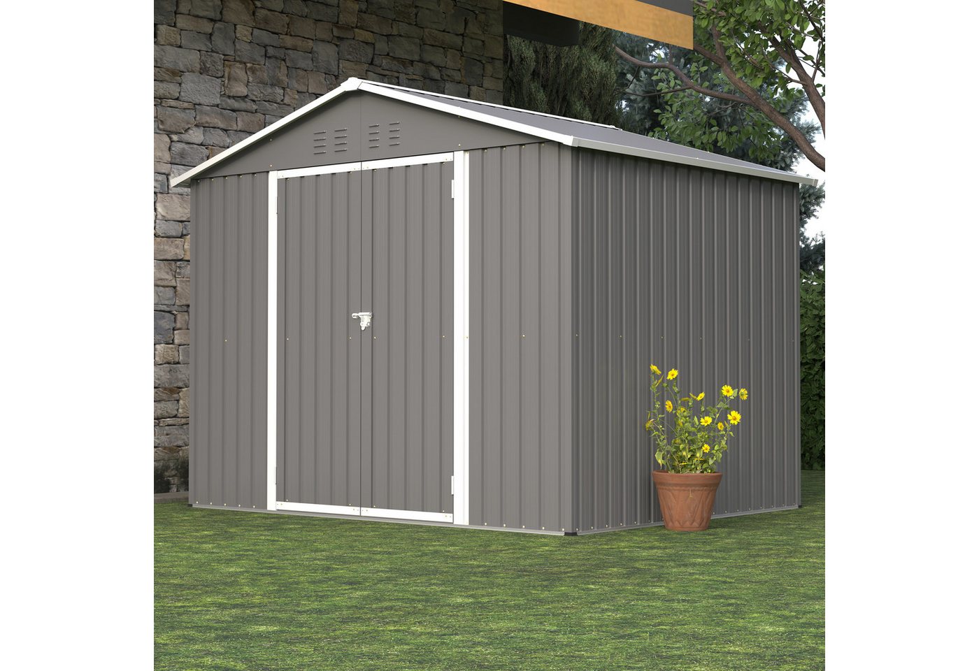 Thumbnail - Odikalo Gerätehaus Gartenhaus Geräteschuppen Metall Fundament Wetterfest Outdoor 8x4 FT