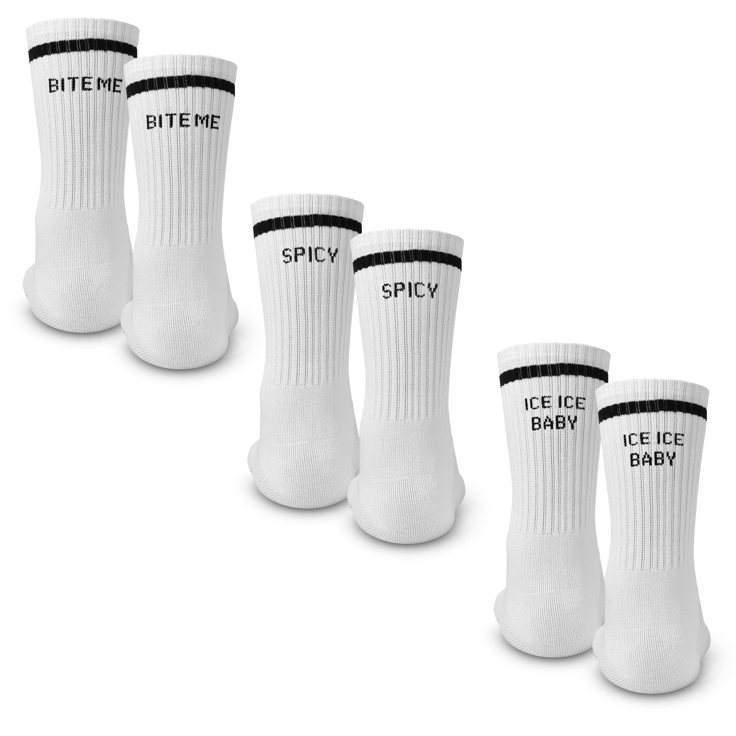 Made by Nami Socken Crew Socks 3-er Set aus Baumwolle, Herren & Damen (Set, 3 Paar) Weiße Retro Tennis Socken mit Sprüchen, "Bite" "Spicy" "Ice"