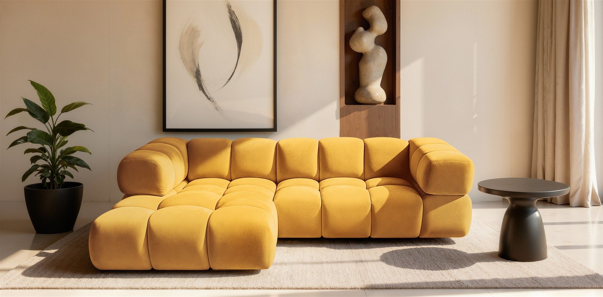 Fun Möbel Ecksofa Designersofa BLANCHE in Stoff Bluvel oder Puente, Ottomane Links oder Rechts, Rundumbezug