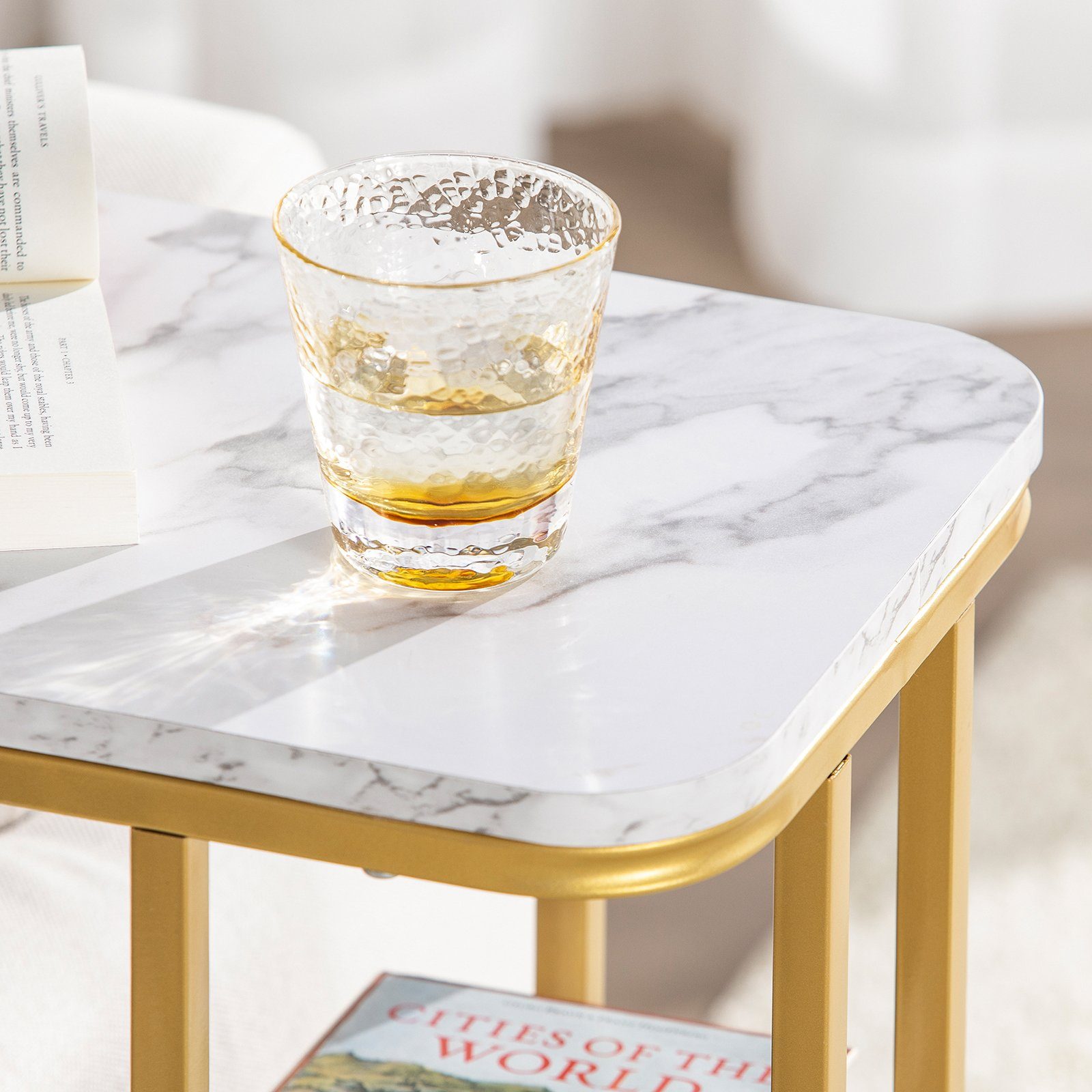 SoBuy Beistelltisch FBT110, Wohnzimmertisch Ablagetisch, C-Form, mit 2 Ablagen Sofatisch Kaffeetisch Laptoptisch Betttisch Pflegetisch