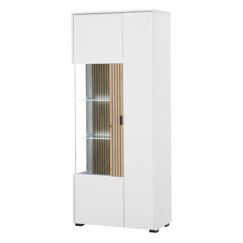 Lomadox Stauraumschrank HUNTER-61 Vitrine Standvitrine weiß matt Eiche gerillt Beleuchtung 75x180x38 cm