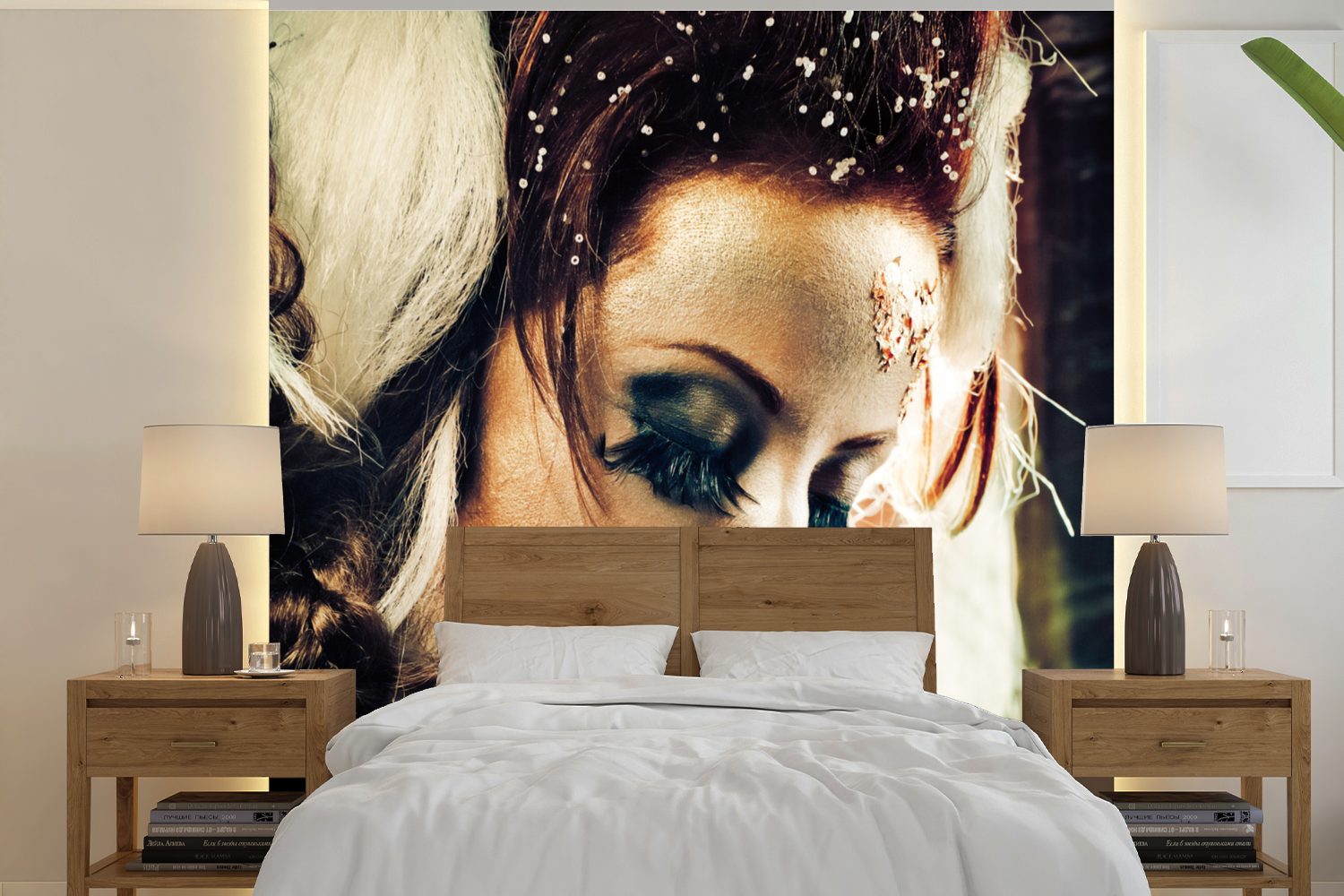 MuchoWow Fototapete Frau - Gold - Weiß, Matt, bedruckt, (5 St), Vinyl Tapete für Wohnzimmer oder Schlafzimmer, Wandtapete | Fototapeten