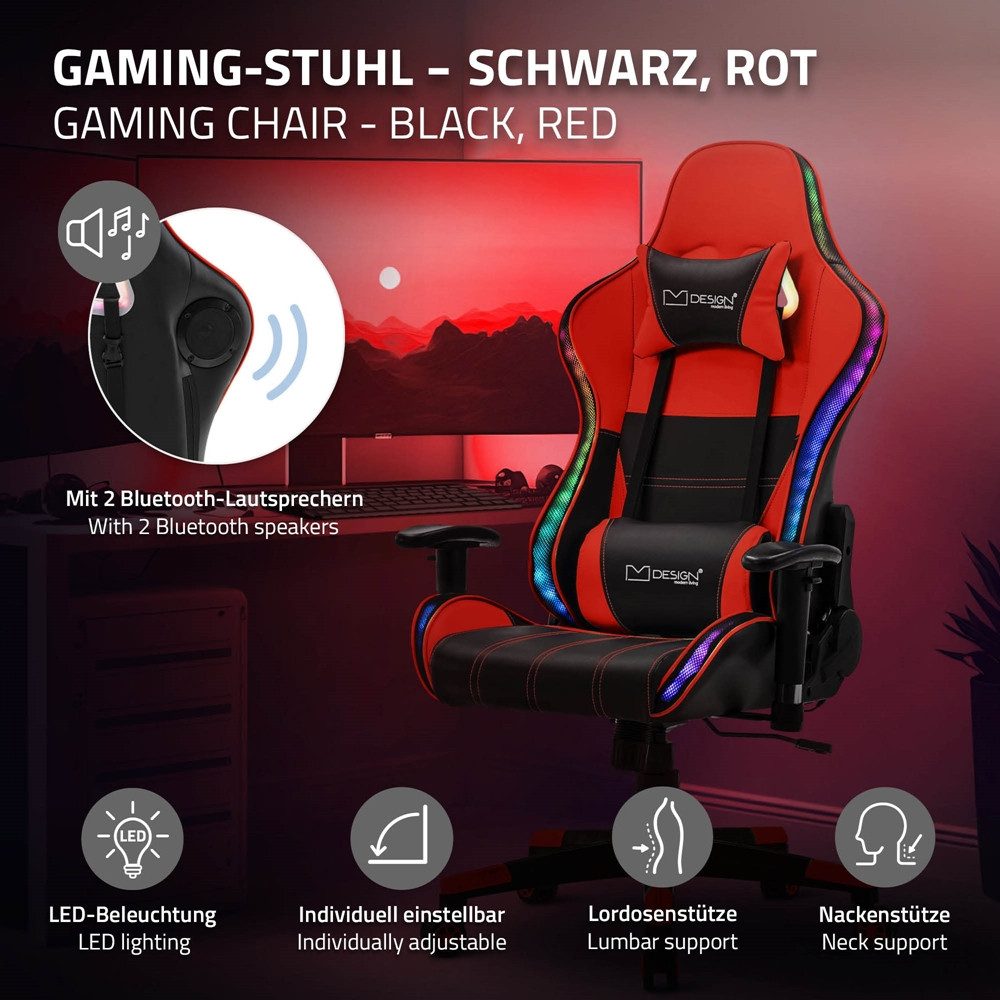 ML-DESIGN Bürostuhl Computerstuhl Schreibtischstuhl für Büro & Arbeitszimmer Drehsessel, Gaming Stuhl + 2 Kissen, LEDs & Boxen ergonomisch anpassbar PVC-Leder