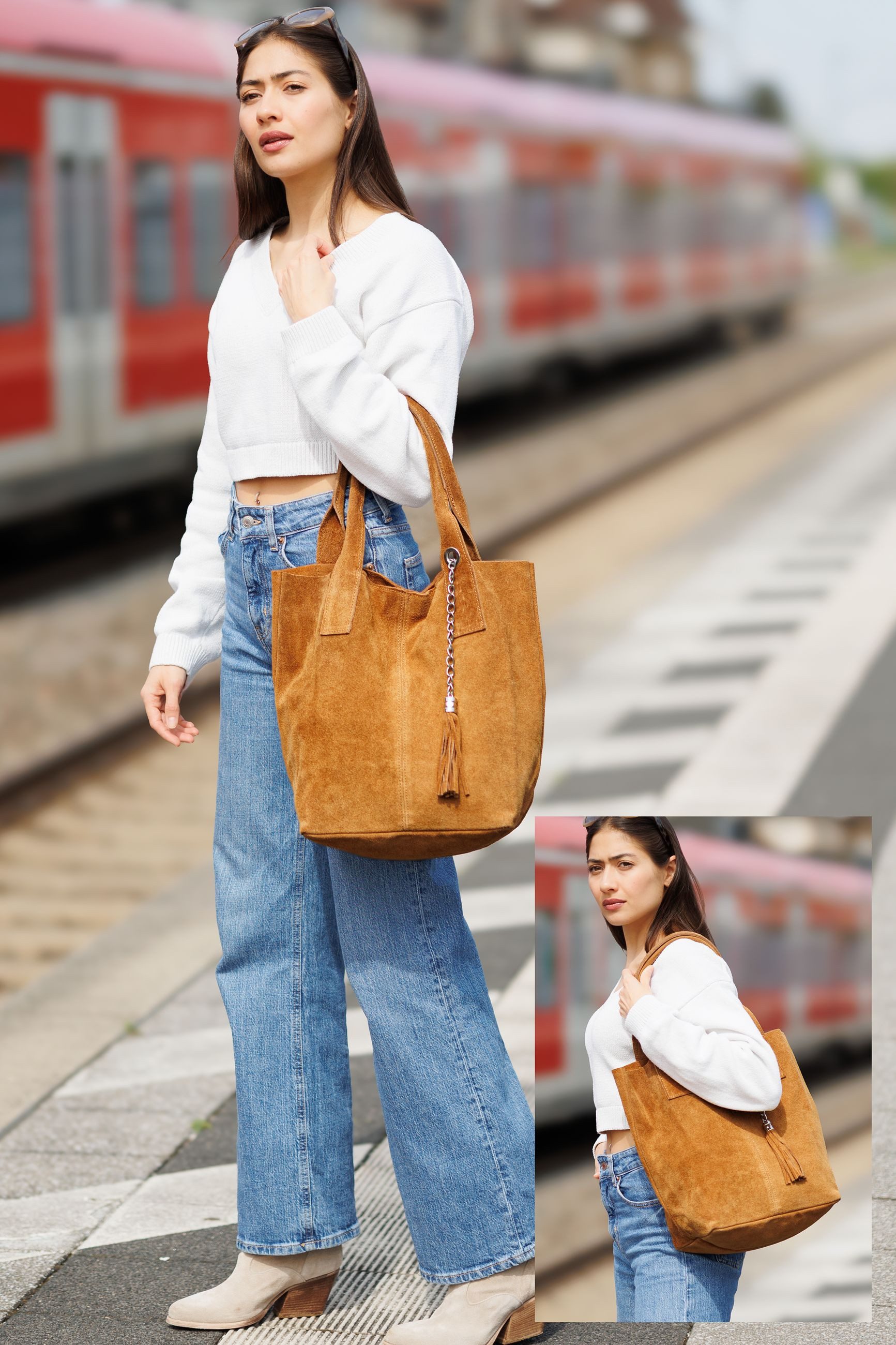 Caspar Schultertasche große Wildleder Shopper Damen Tasche - CLASSIC LINE - Modell No.828, 100% italienisches Leder - mit stylischer Metallkette & Zusatztasche – Bild 5 von 5