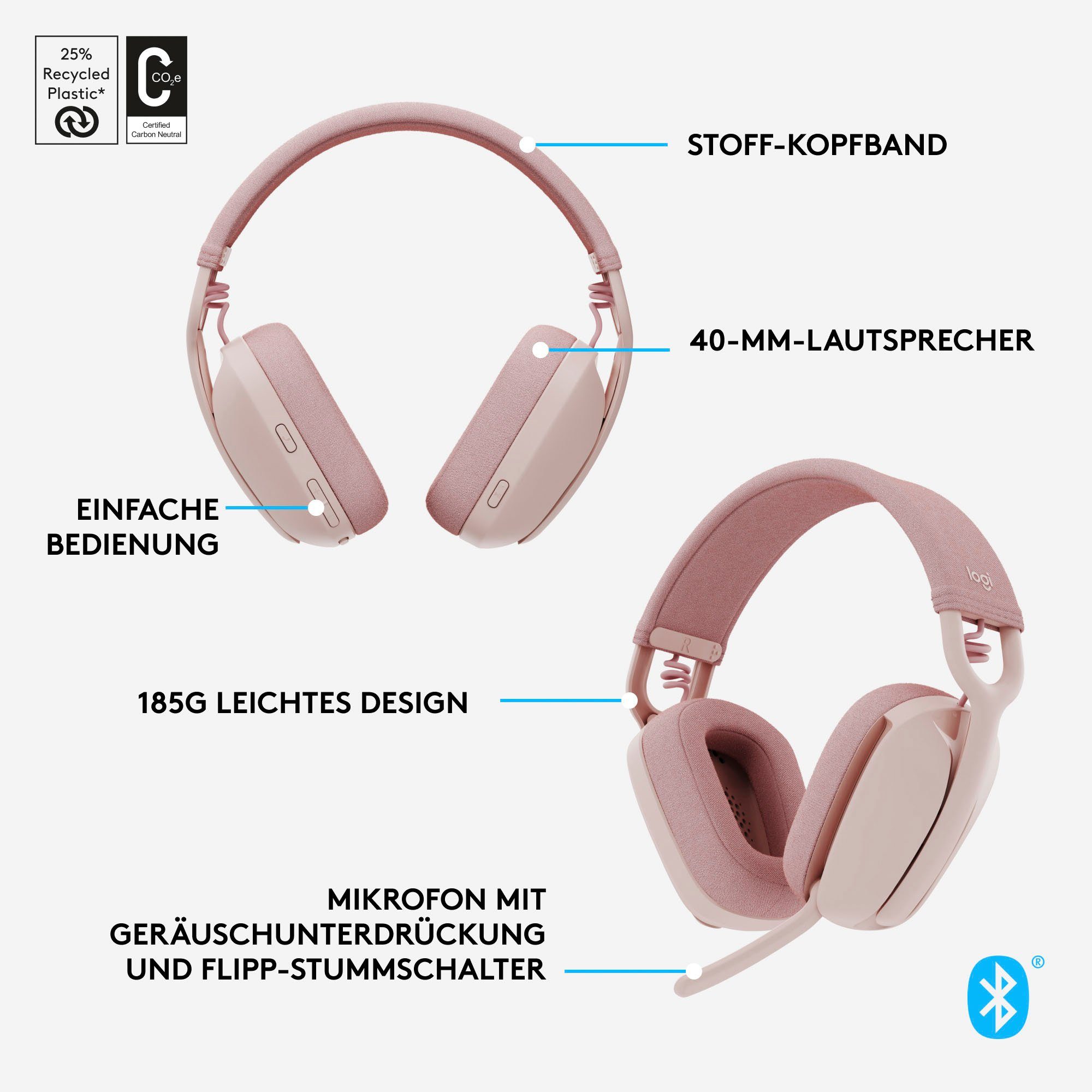 Vibe Logitech Bluetooth) Zone Gaming-Headset (Noise-Cancelling, 100 rose