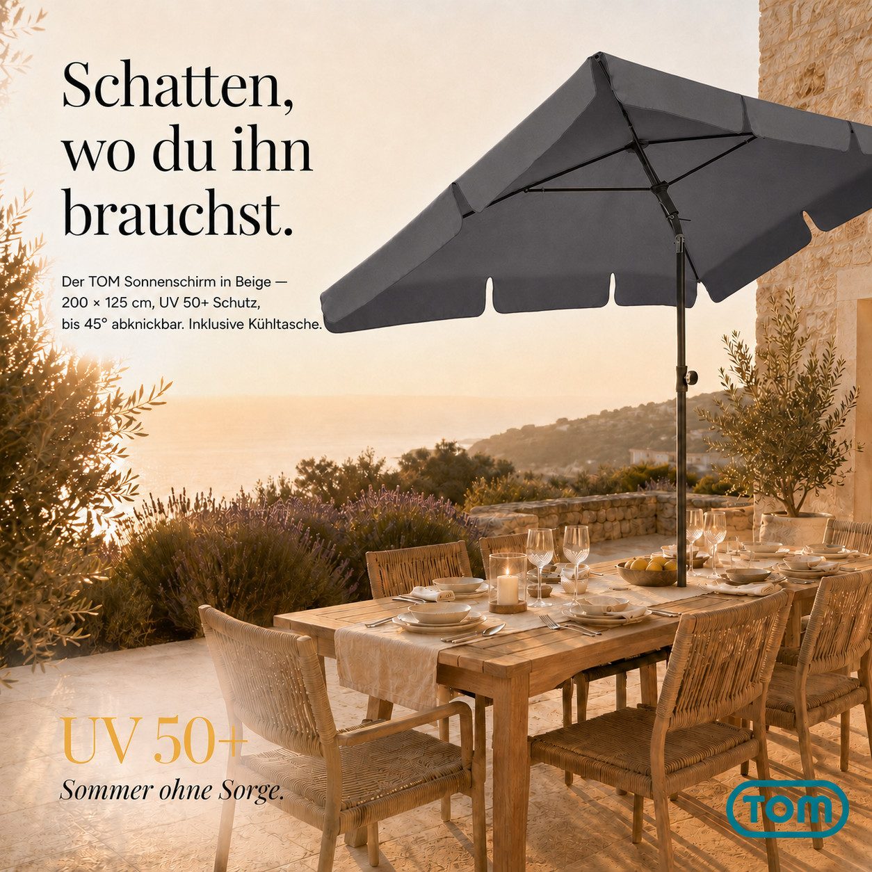 TOM Sonnenschirm 125x200 cm inklusive Kühltasche und Tragetasche, abknickbar, UV-Schutz: 50+, 180 g/m² Polyester – Bild 2 von 5