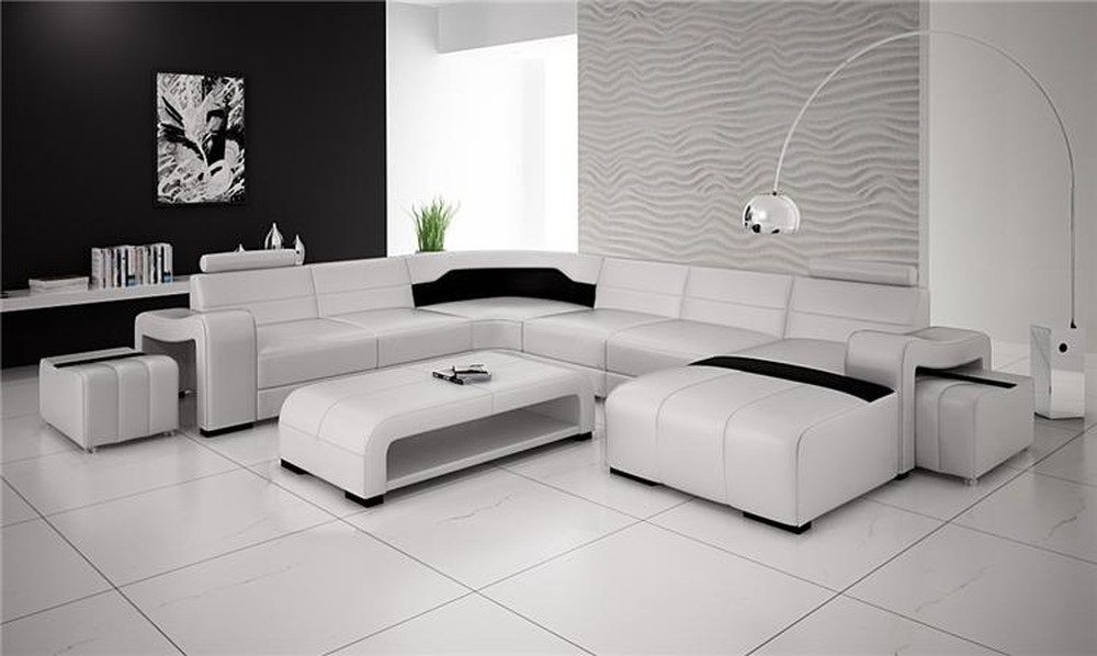 JVmoebel Wohnlandschaft Große Polstercouch mit Kunstlederbezug in Braun und Hockern, Set 3 Teile, Made in Europa