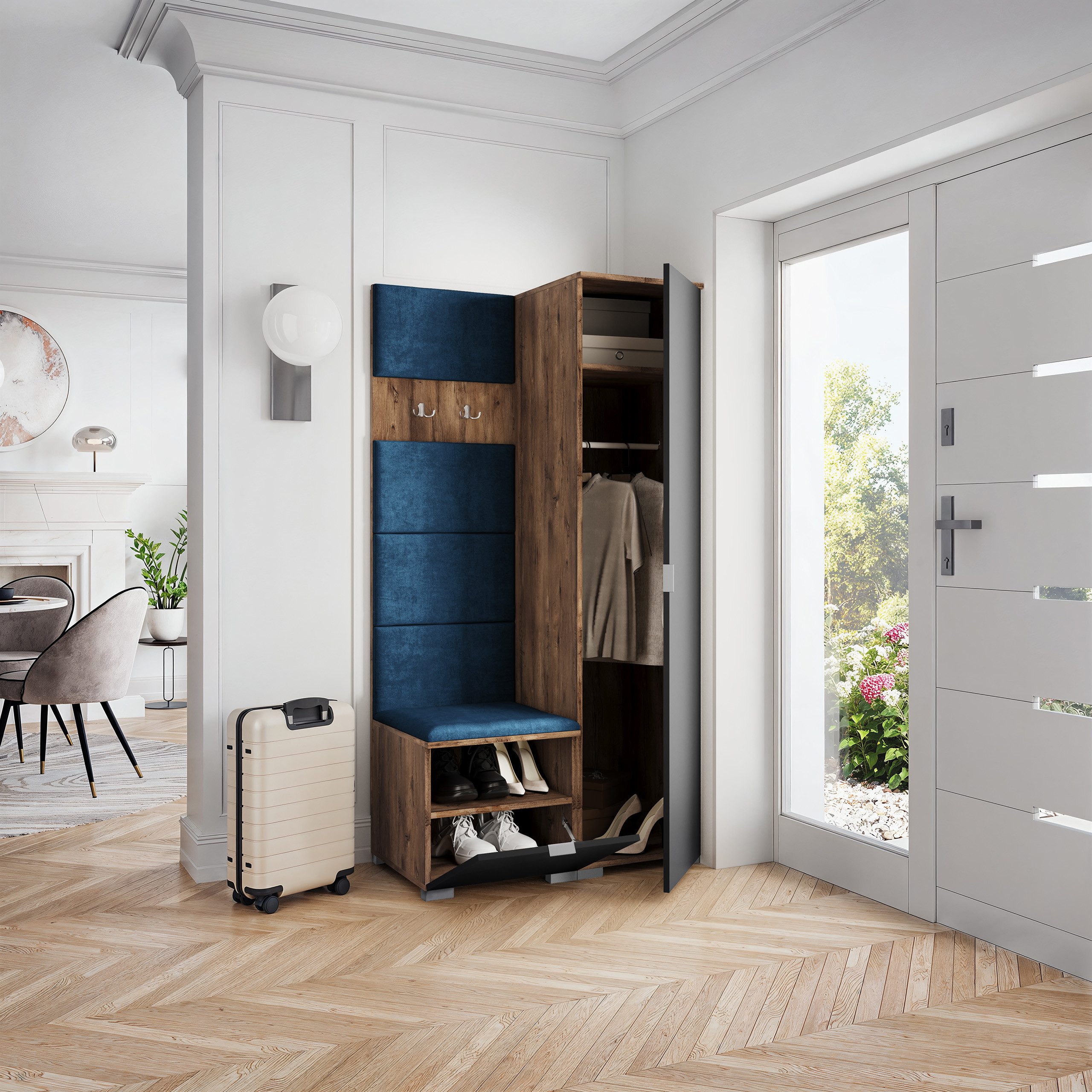 Masseno Garderobenschrank LORI 95 x 181 cm Flurmöbel Garderoben-Set mit 1 Türen Eiche Lefkas