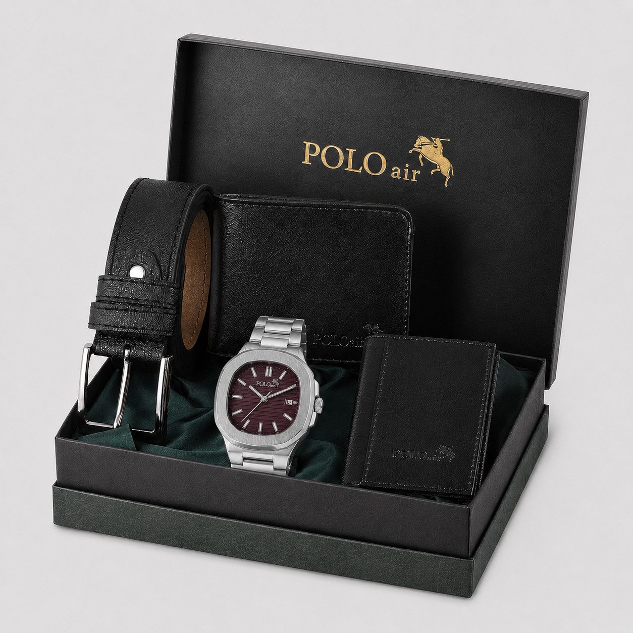 Jungengel Geldbörse Imperial Herren Geschenkset Armbanduhr Kartenetui Geschenkbox (Geschenkset, 5-tlg., 5-teilig: Herrenuhr, Geldbörse, Kartenetui und Gürtel + Geschenkbox), Luxuriöse Geschenkbox, aufeinander abgestimmte Accessoires