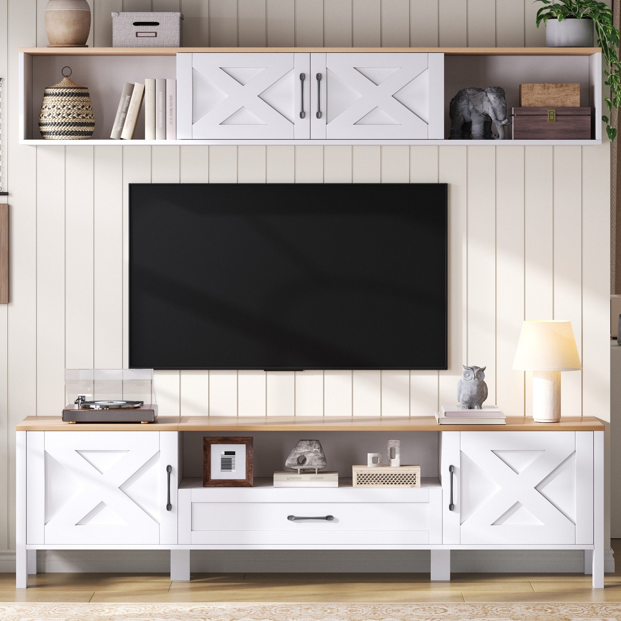 Odikalo Wohnwand Mediawand inkl.TV-Board Schrankwand, Wohnwand-set (Komplett-Set, 2-St), (TV-Ständer + Hängende Vitrine, Mediawand set, TV Wohnzimmermöbel-Set mit 4 Schränke und 1 Schublade, TV-Schrank set, TV bis 80', Weiß)