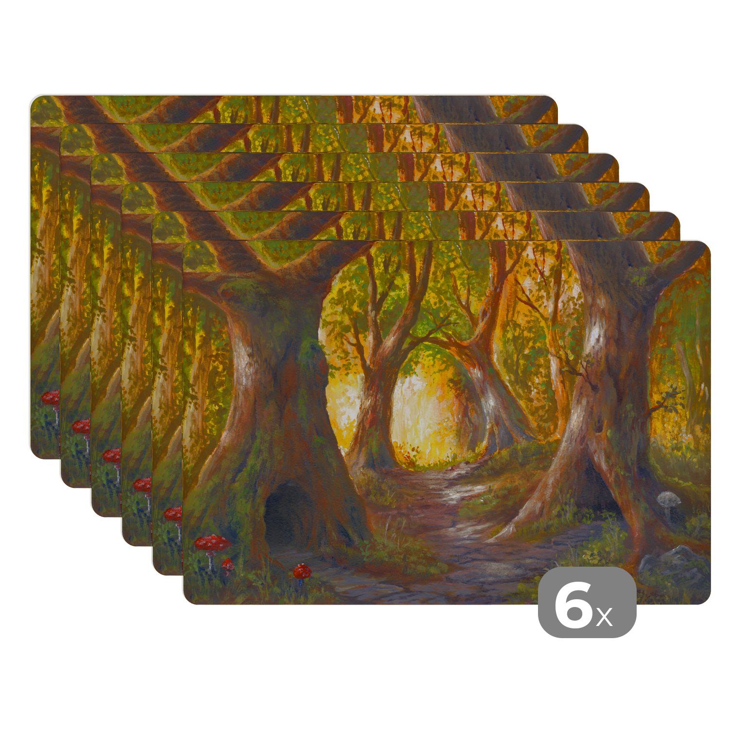 Platzset, Eine Illustration eines Märchenwaldes, MuchoWow, (6-St), Platzset, Platzdecken, Platzmatte, Tischmatten, Schmutzabweisend