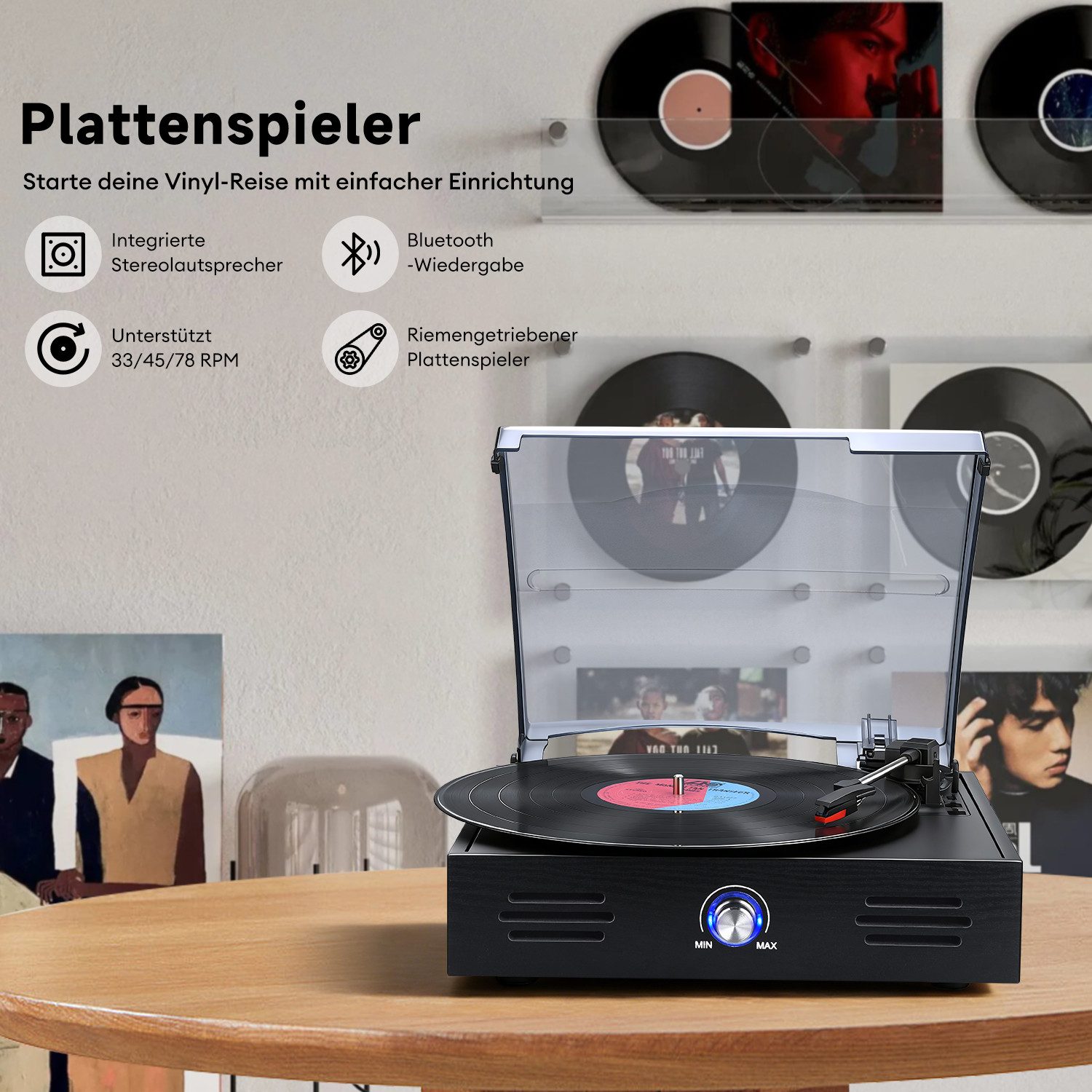 CkeyiN Pro Bluetooth Plattenspieler (Riemenantrieb, 3-Gang 33/45/78 RPM, 7/10/12-Zoll-Schallplatten, Eingebauten Lautsprechern, RCA Line Out/AUX in, Vintage Schallplatten Spieler,Geeignet für Musikliebhaber)