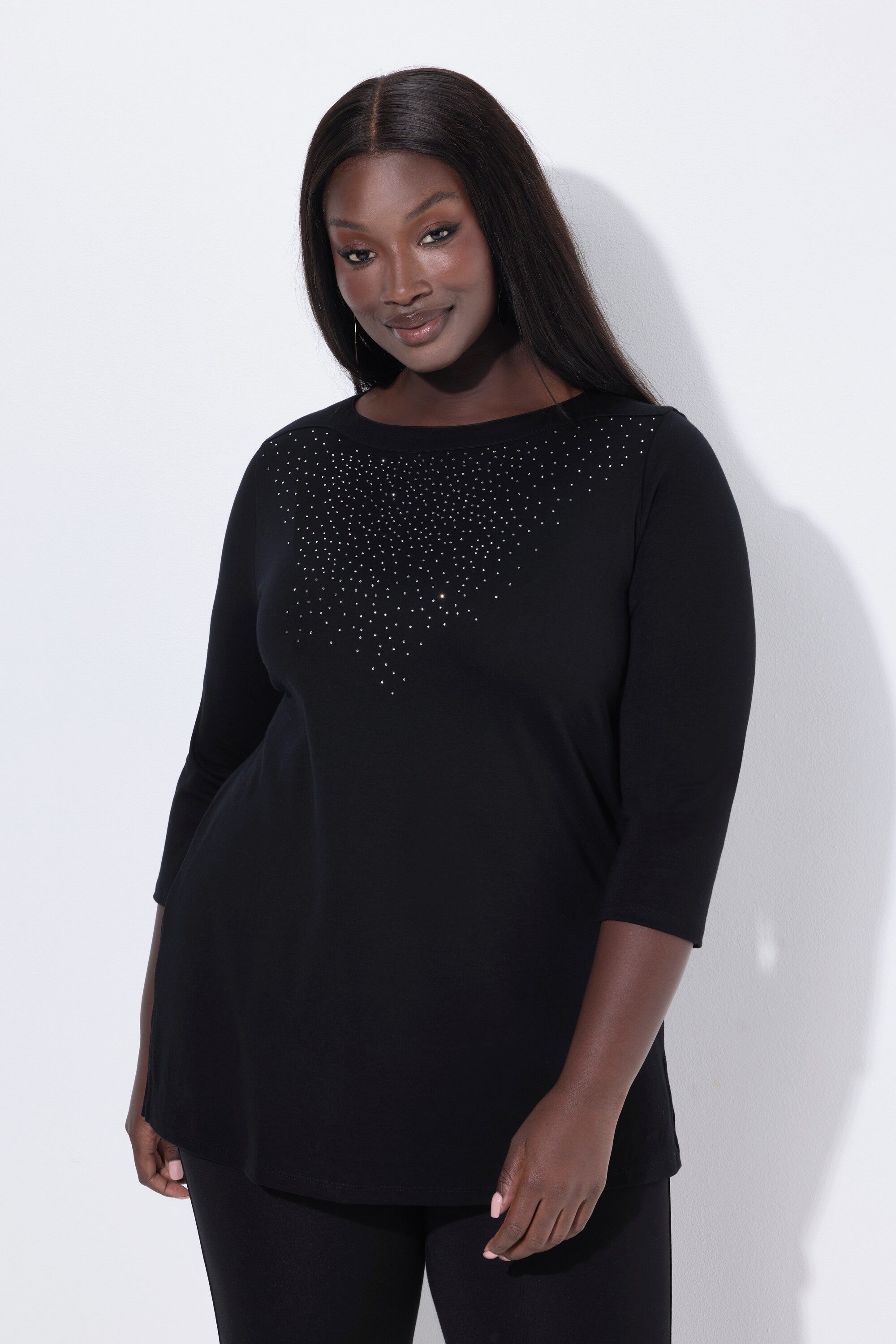 Ulla Popken T-Shirt Shirt Ziersteine U-Boot-Ausschnitt 3/4-Arm