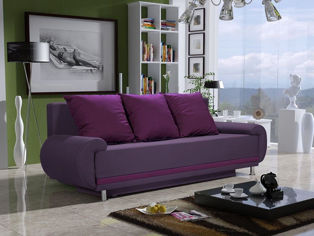 Designersofa 3 Sofa Violett Schlaffunktion, mit MIKA Bettkasten mit Rückenkissen, Schlafsofa Fun Möbel inkl. 3-Sitzer