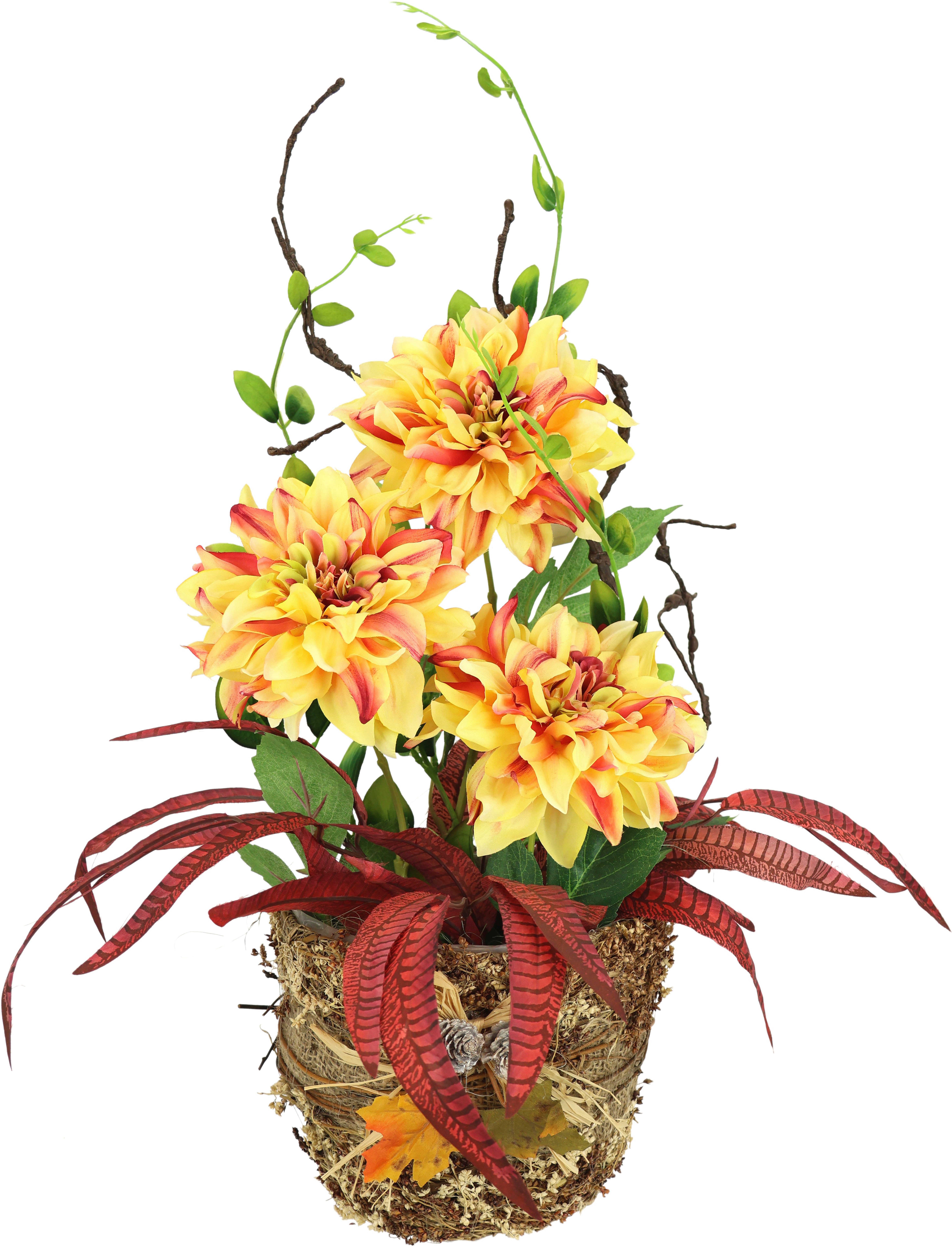 Kunstblume Dahlien-Arrangement in Pflanzschale Gesteck aus künstlichen Blum günstig online kaufen