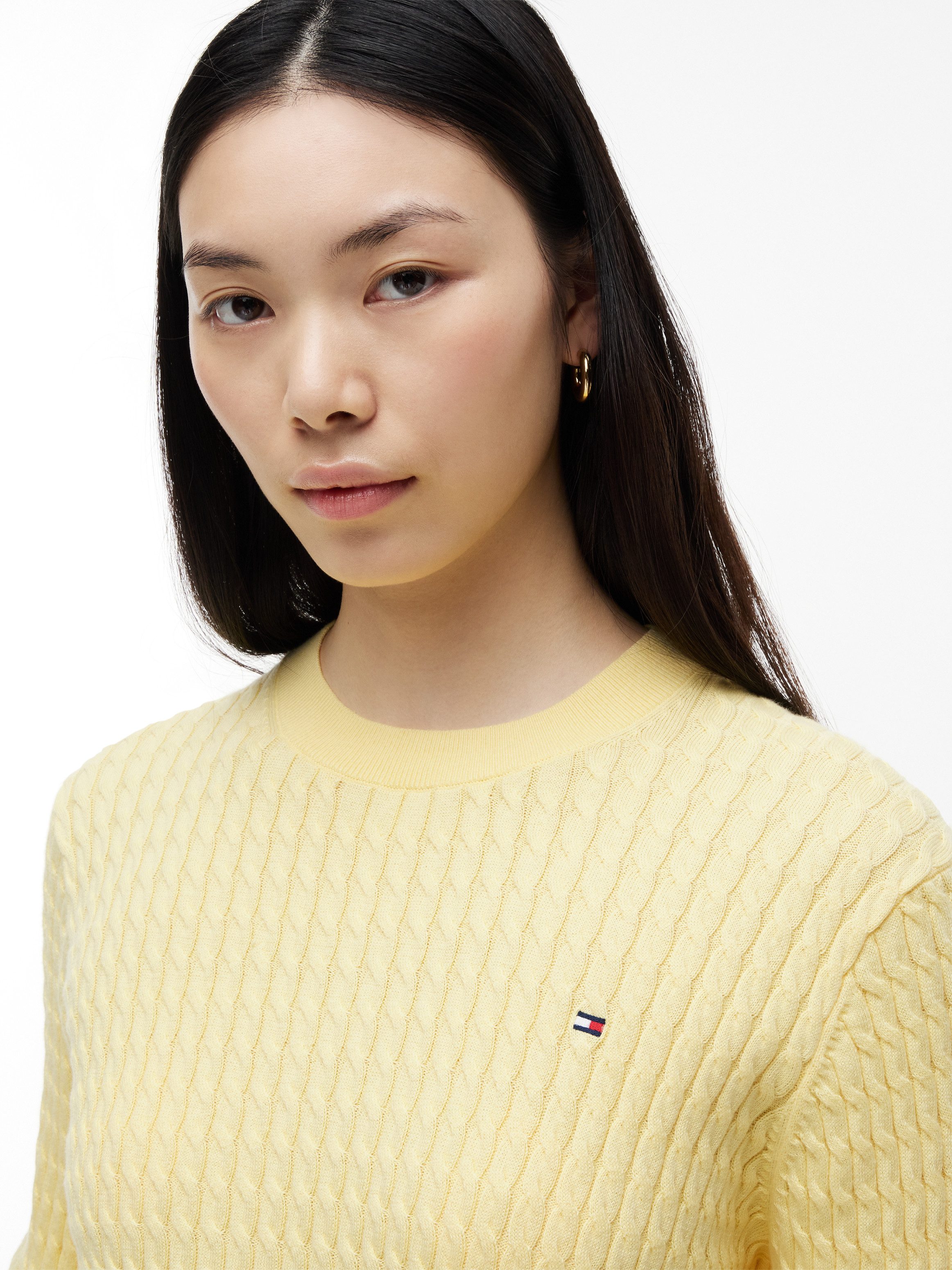 Tommy Hilfiger Rundhalspullover CO CABLE C-NK LS SWEATER Baumwolle, mit Zopfmuster, Regular Fit