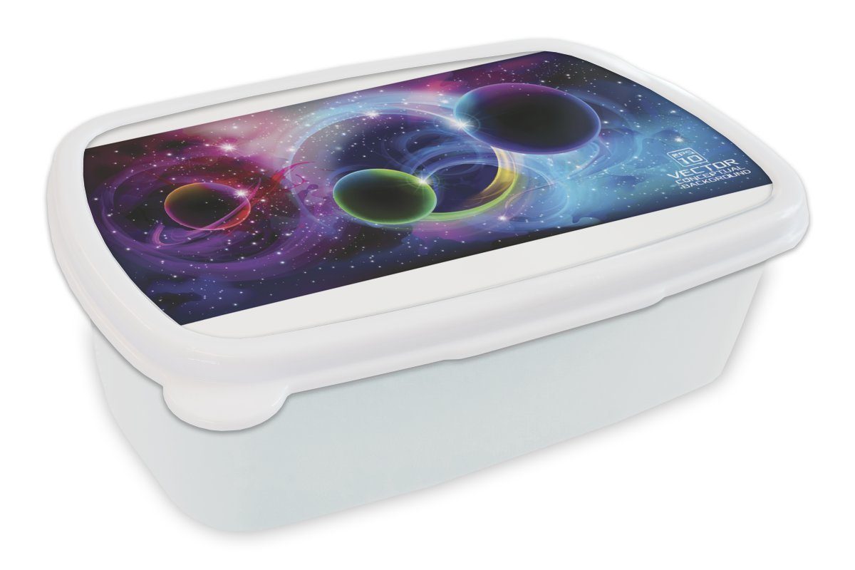 MuchoWow Lunchbox Eine Illustration des Universums mit vielen Sternen und Planeten, Kunststoff, (2-tlg), Brotbox für Kinder und Erwachsene, Brotdose, für Jungs und Mädchen weiß