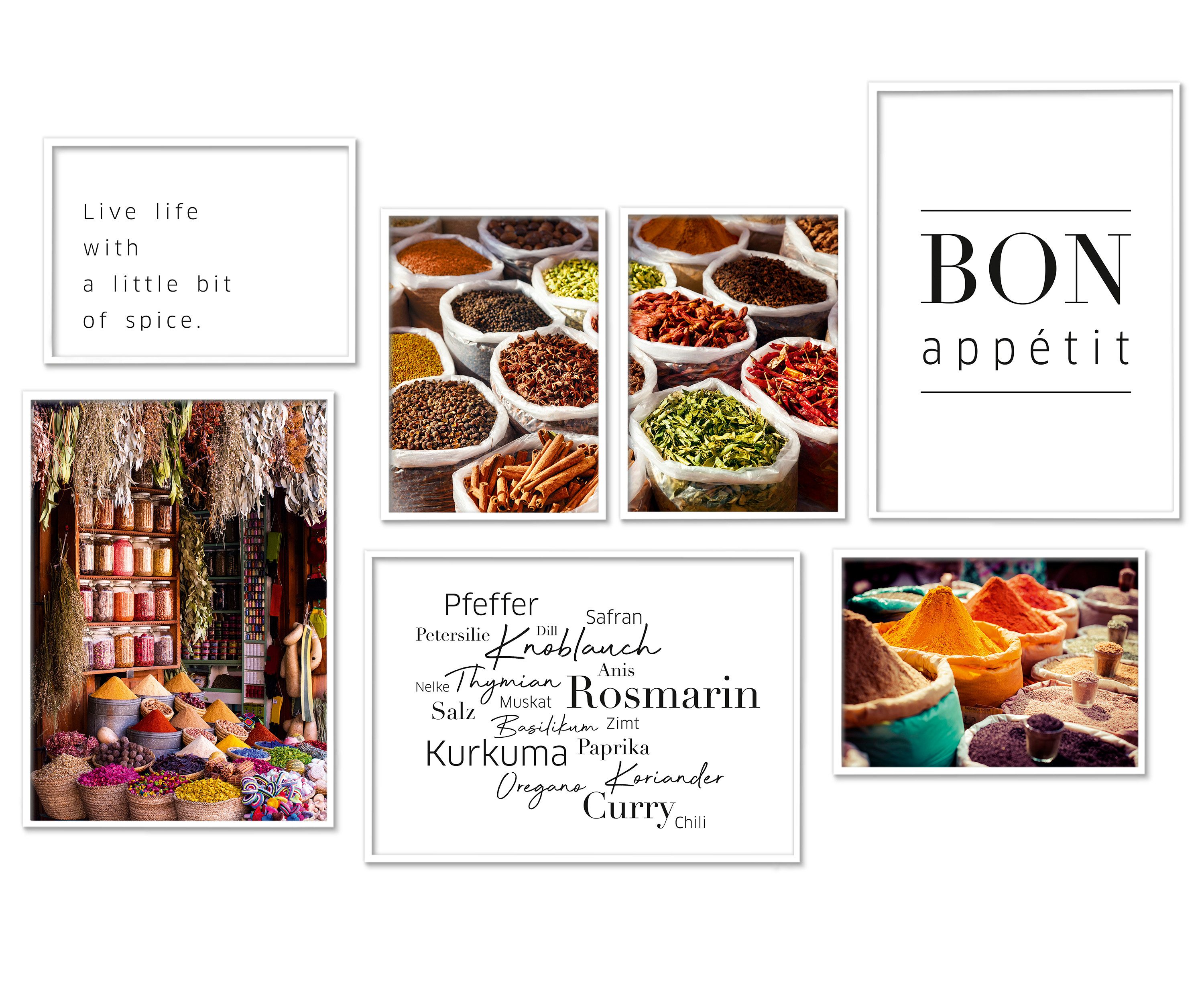Hyggelig Home Poster Gewürze, Premium Poster Set OHNE & MIT Rahmen - Wandbilder Bon Appétit, Genuss (Set, 7 St), Collage für Küche, Qualitätsdruck dickes Papier