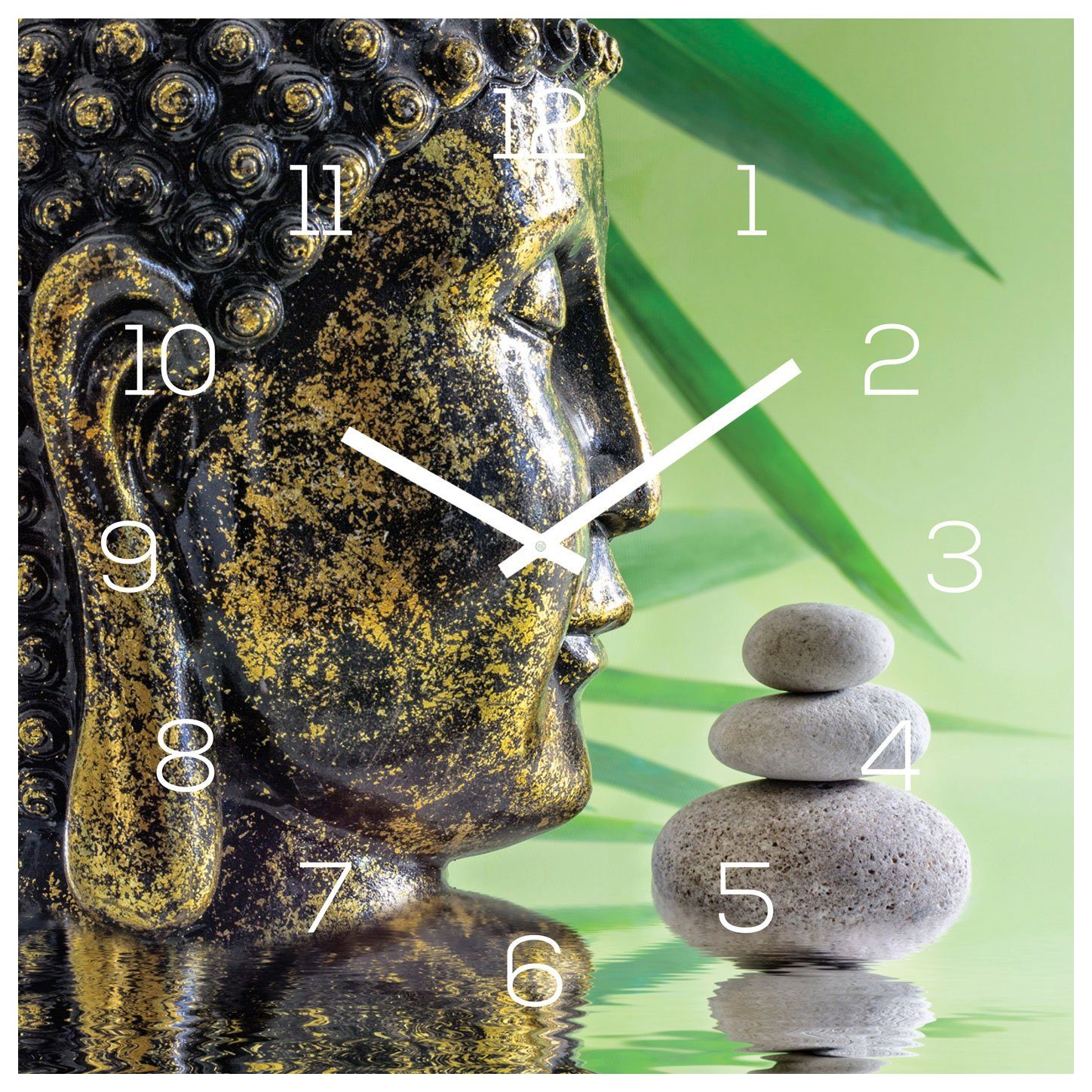 Glas Kopf Buddha Levandeo® (Wanduhr Grün Wanduhr 30x30cm Wellness) Glasbild Steine Uhr