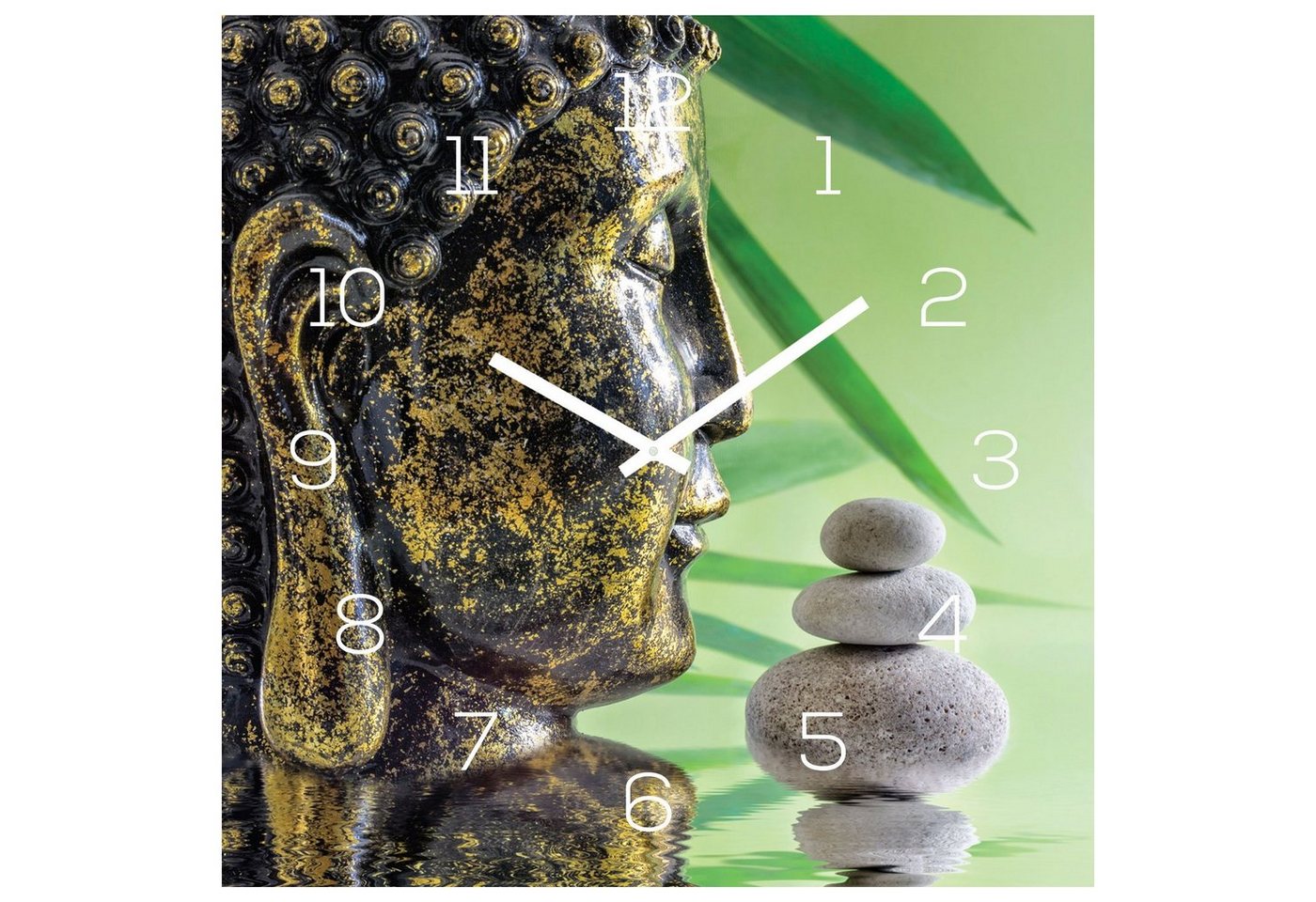 Levandeo® Wanduhr (Wanduhr Glas 30x30cm Uhr Glasbild Buddha Kopf Steine Grün Wellness)