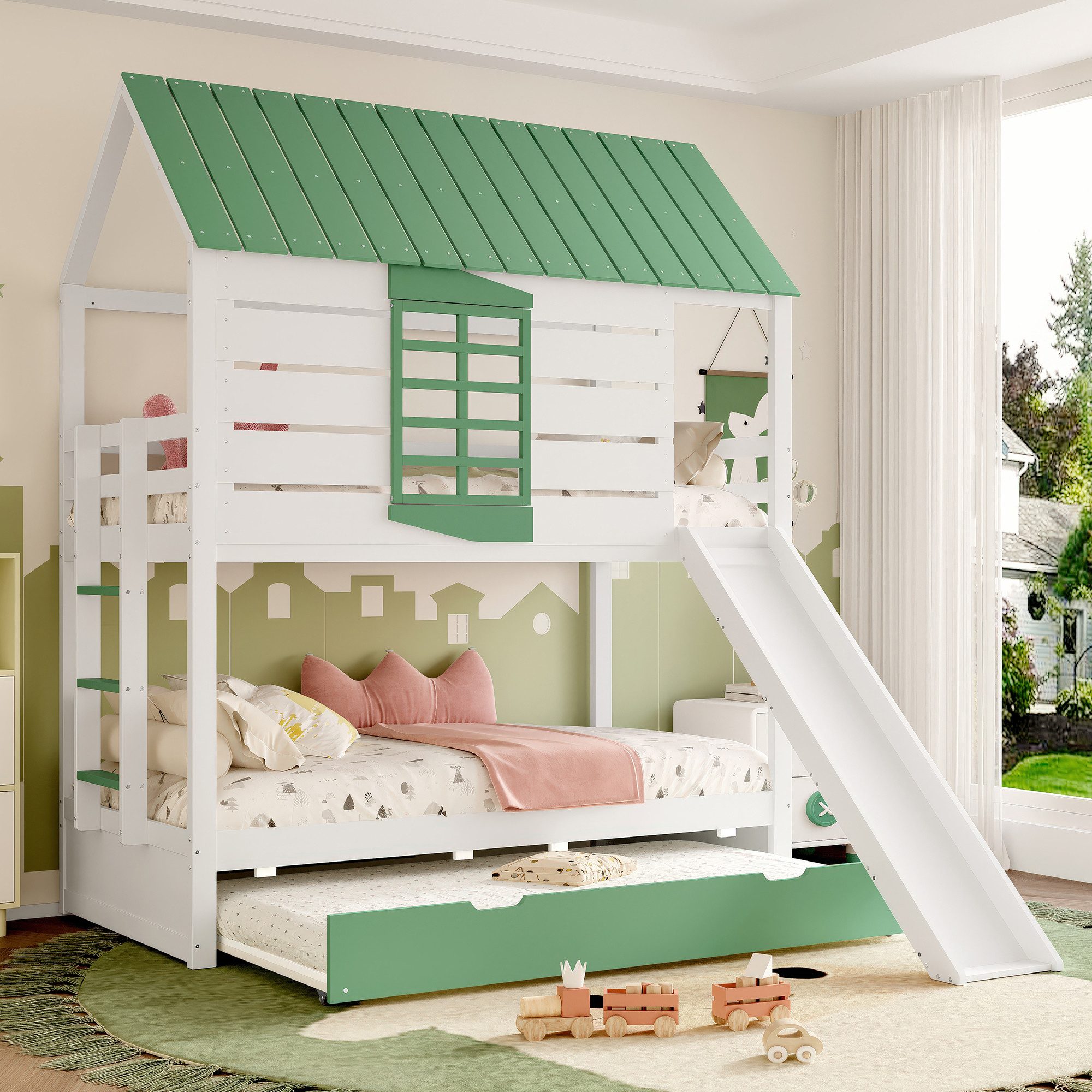 Flieks Etagenbett, Hausbett Kinderbett 90x200cm mit Ausziehbett 90x190cm, Leiter, Rutsche