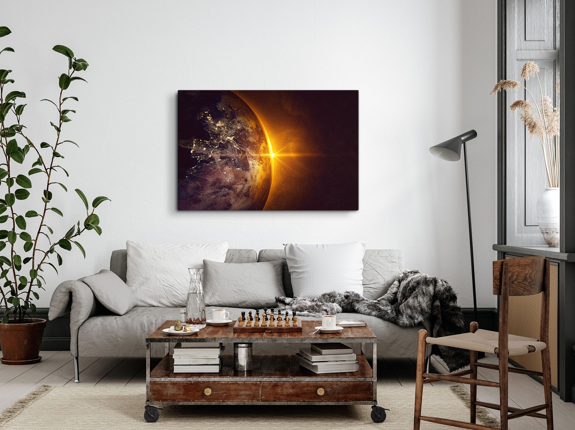 Sinus Art Leinwandbild 120x80cm Wandbild auf Leinwand Planet Erde Sonnenuntergang Globus Welt, (1 St)