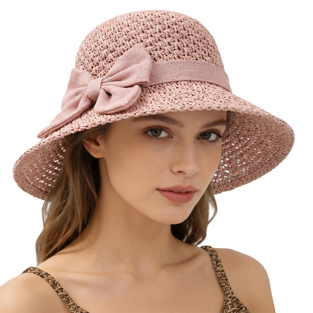 Zaewry Strohhut Sonnenhut Sommerhut Strandhut Straw hat, Damen faltbar, Einheitgröße Mit Bogen,Damen-Strandhut, Reisehut für den Sommerurlaub