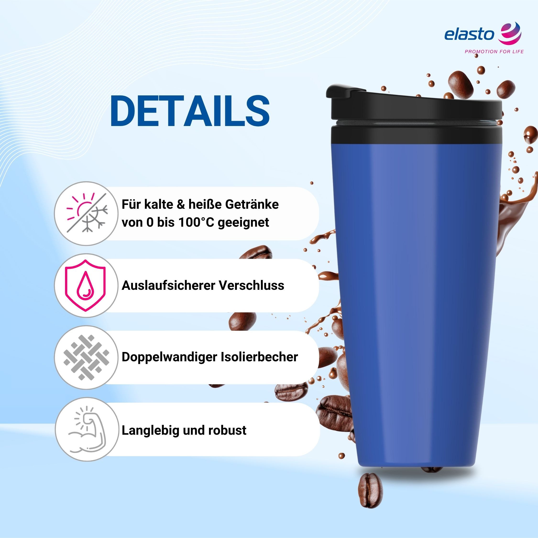 elasto Thermobecher 350ml doppelt isolierter Kaffeebecher To Go inklusive Deckel, Made in Germany, BPA-frei, 100% recyclebar, Heißgetränke, Teebecher
