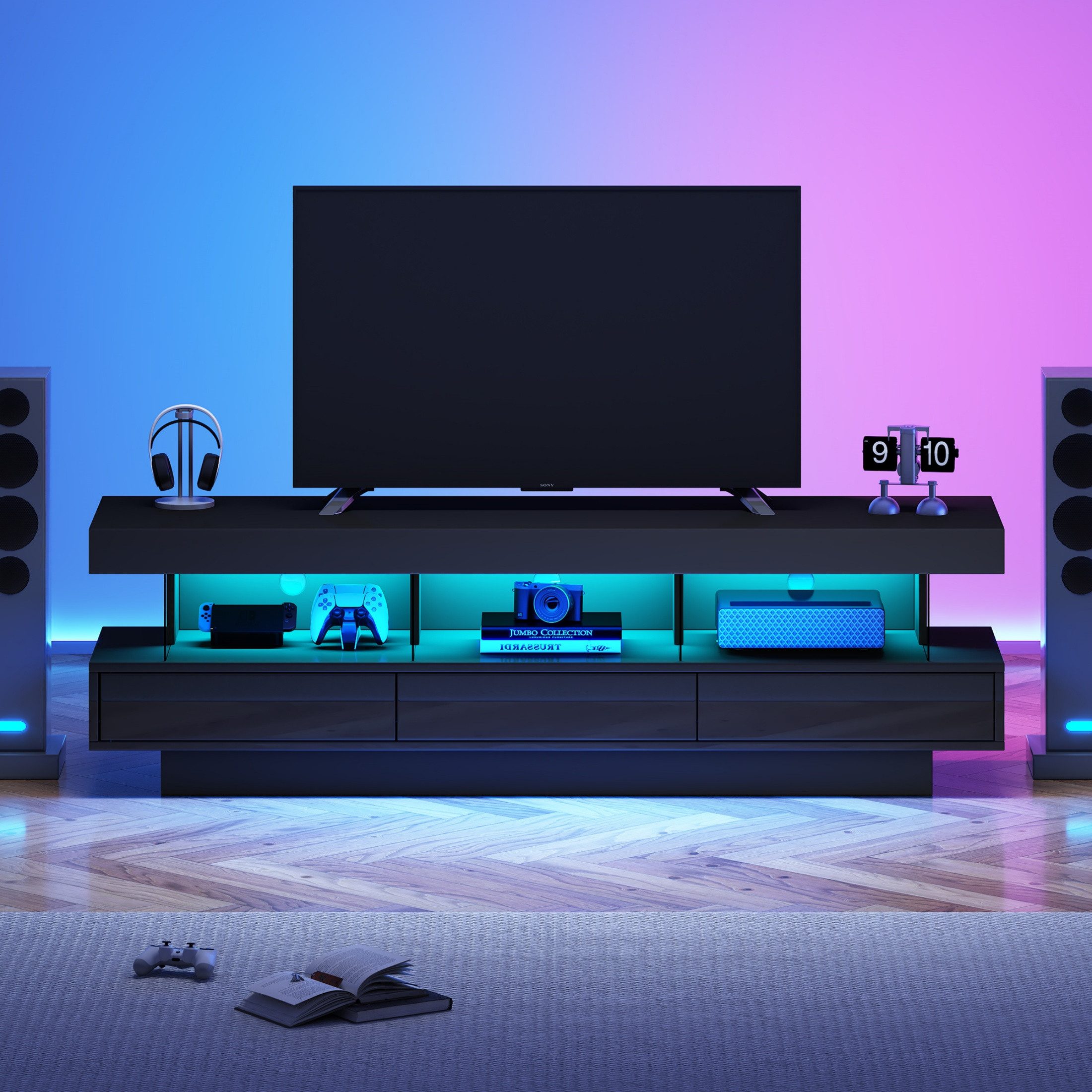 autolock Lowboard TV-Schrank Hochglanz mit LED-Beleuchtung 3 Glasfächern fü günstig online kaufen