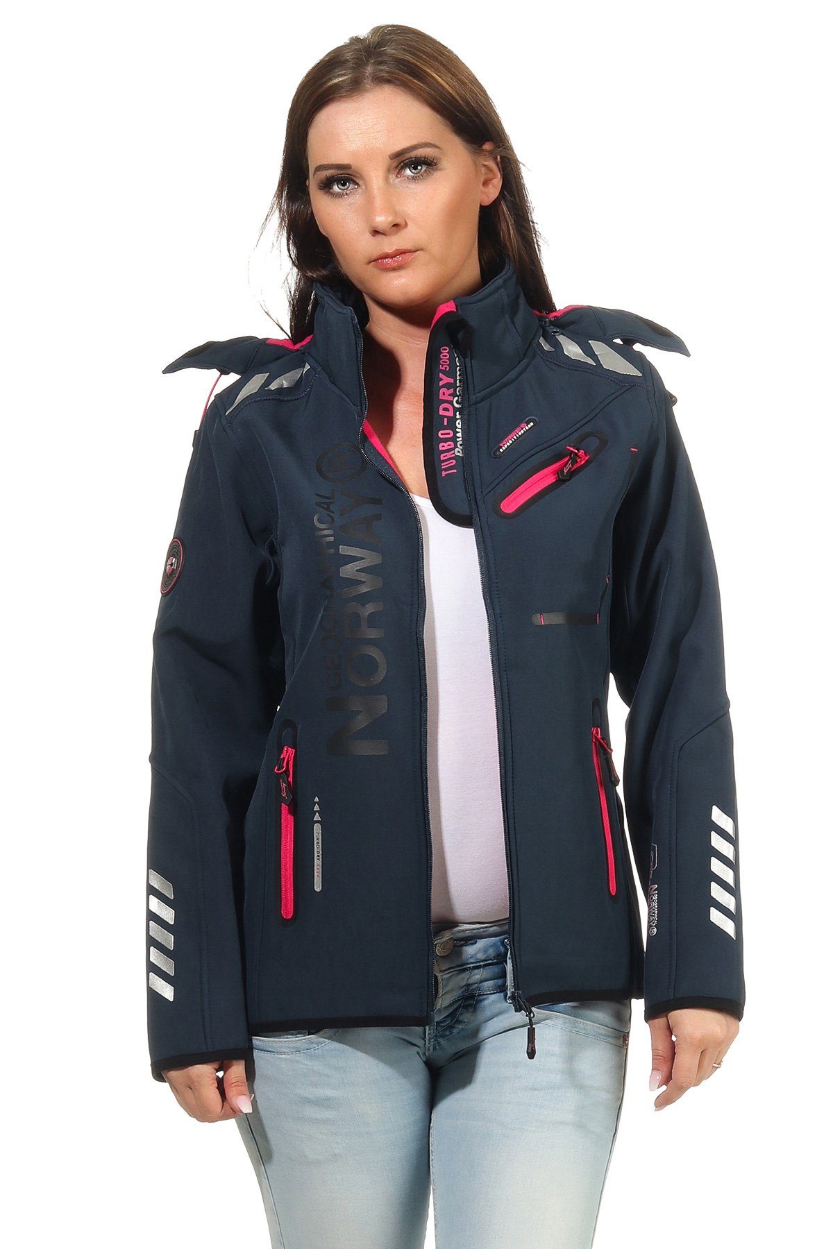 / Geographical Softshell Navy abnehmbarer Kapuze, G-Rose mit Norway Jacke by leyoley hochschließender Kragen Softshelljacke F.Pink Damen