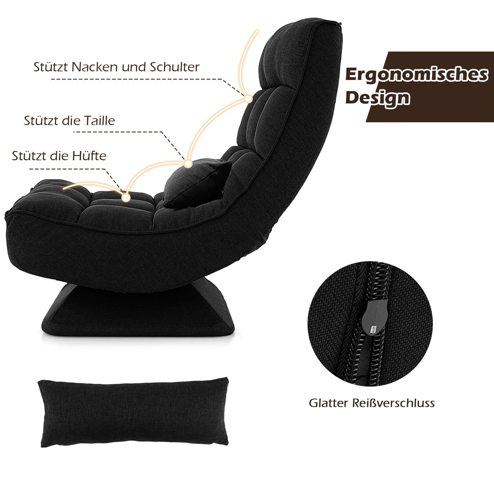 COSTWAY Relaxsessel 360° drehbar Gamingstuhl Bodensessel, verstellbar, klappbar mit Kissen – Bild 5 von 5
